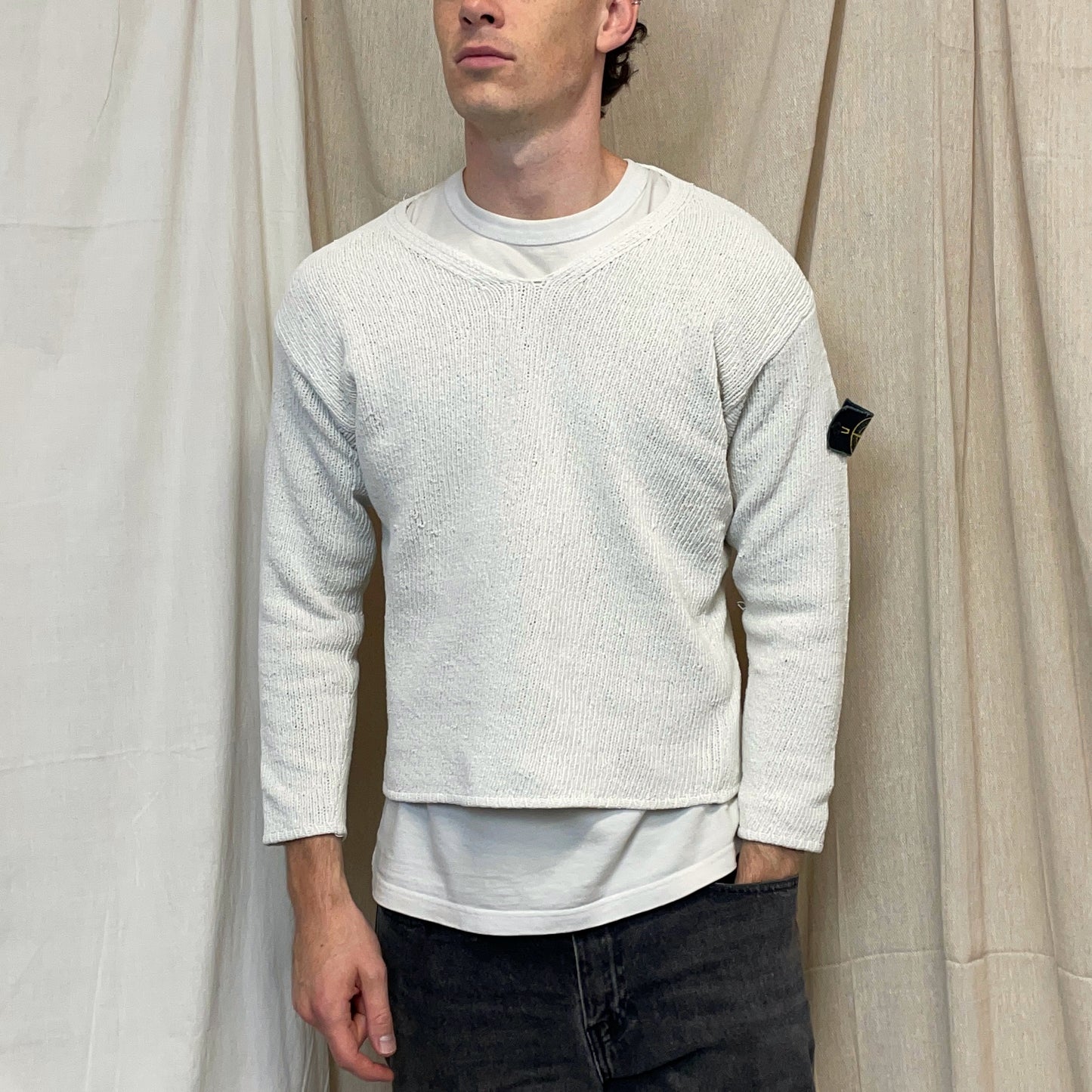 Stone Island White SS96 Chenille Knit Scoop Neck Green Edge Badge Jumper