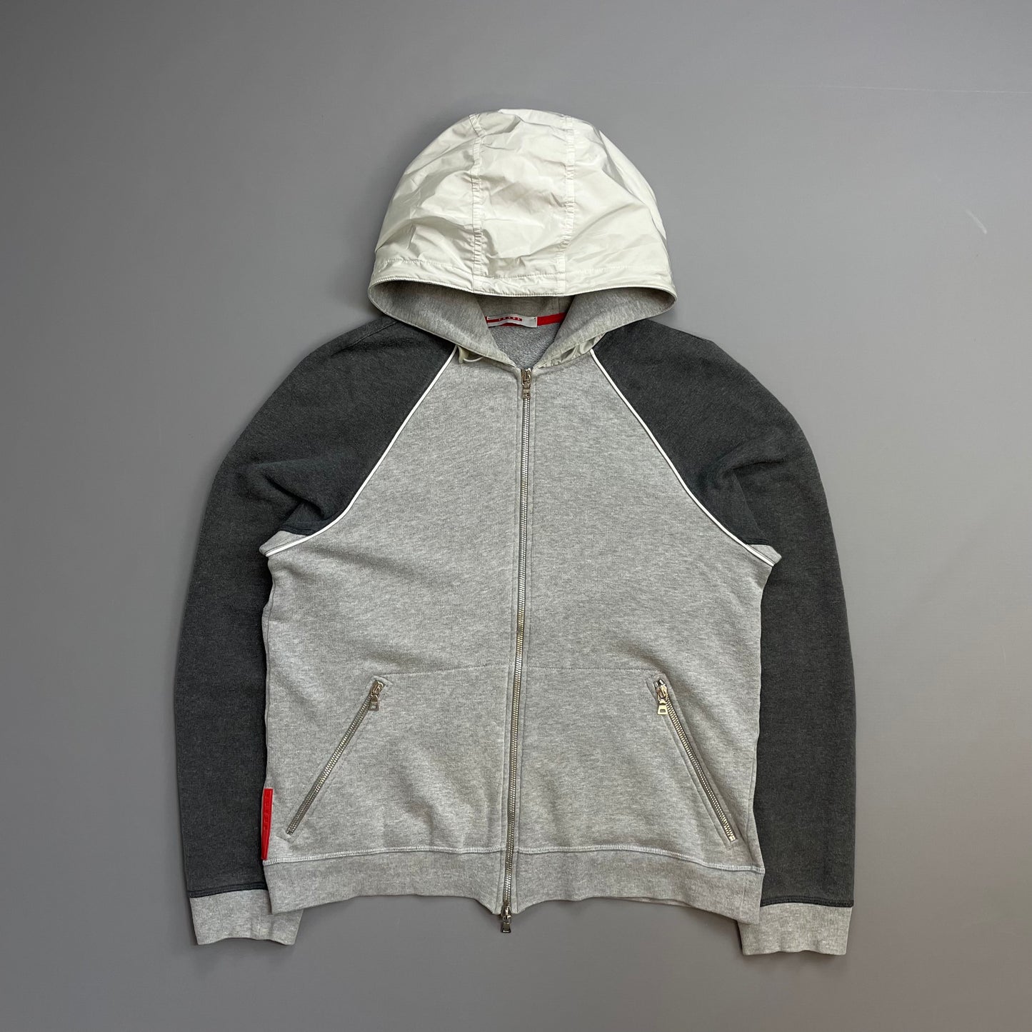 Prada Sport 00s Grey Panelled Nylon Hood Zip-Through Hoodie