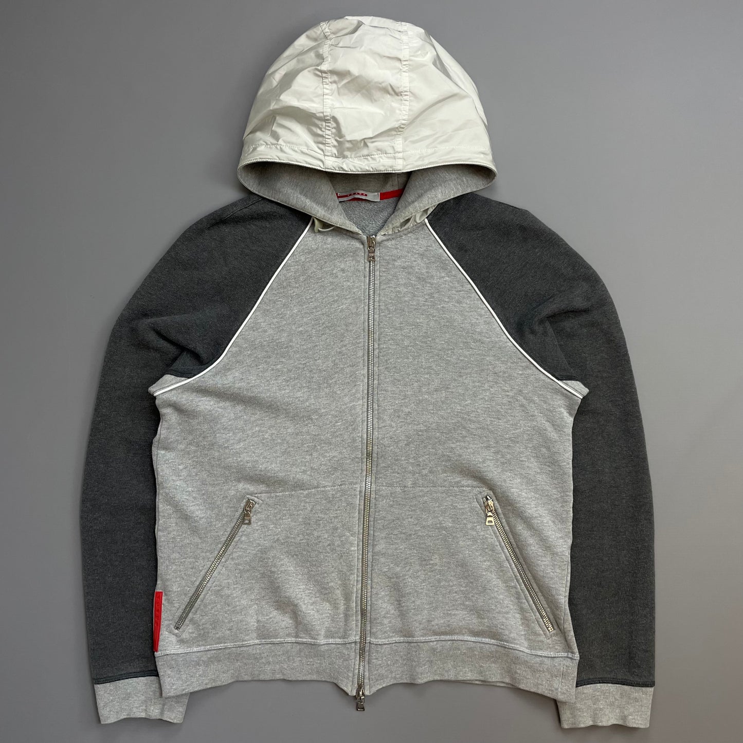 Prada Sport 00s Grey Panelled Nylon Hood Zip-Through Hoodie