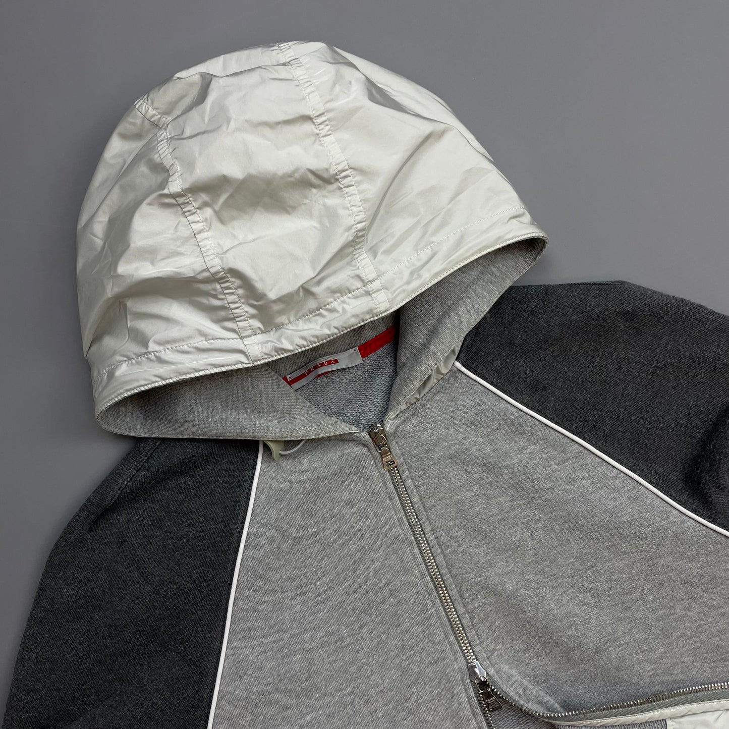 Prada Sport 00s Grey Panelled Nylon Hood Zip-Through Hoodie