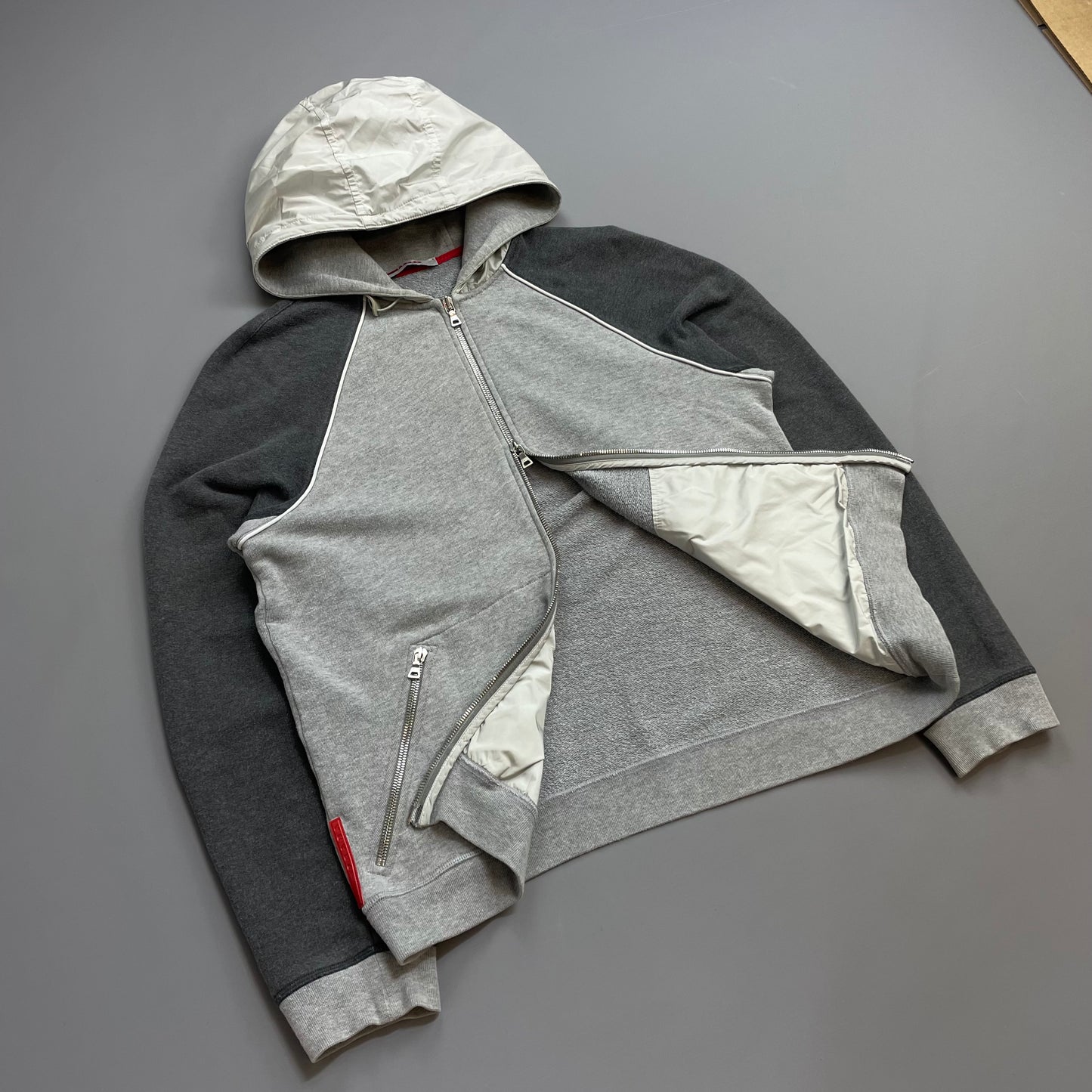 Prada Sport 00s Grey Panelled Nylon Hood Zip-Through Hoodie