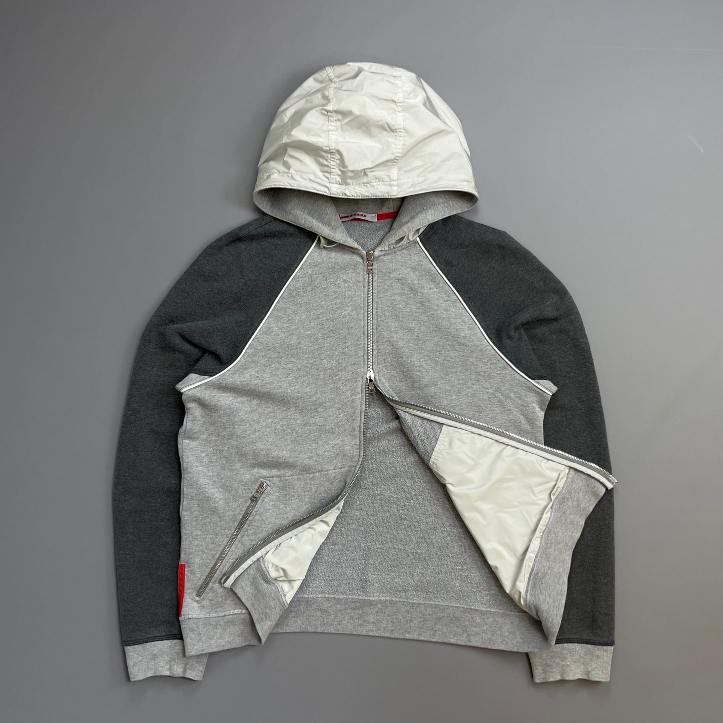 Prada Sport 00s Grey Panelled Nylon Hood Zip-Through Hoodie