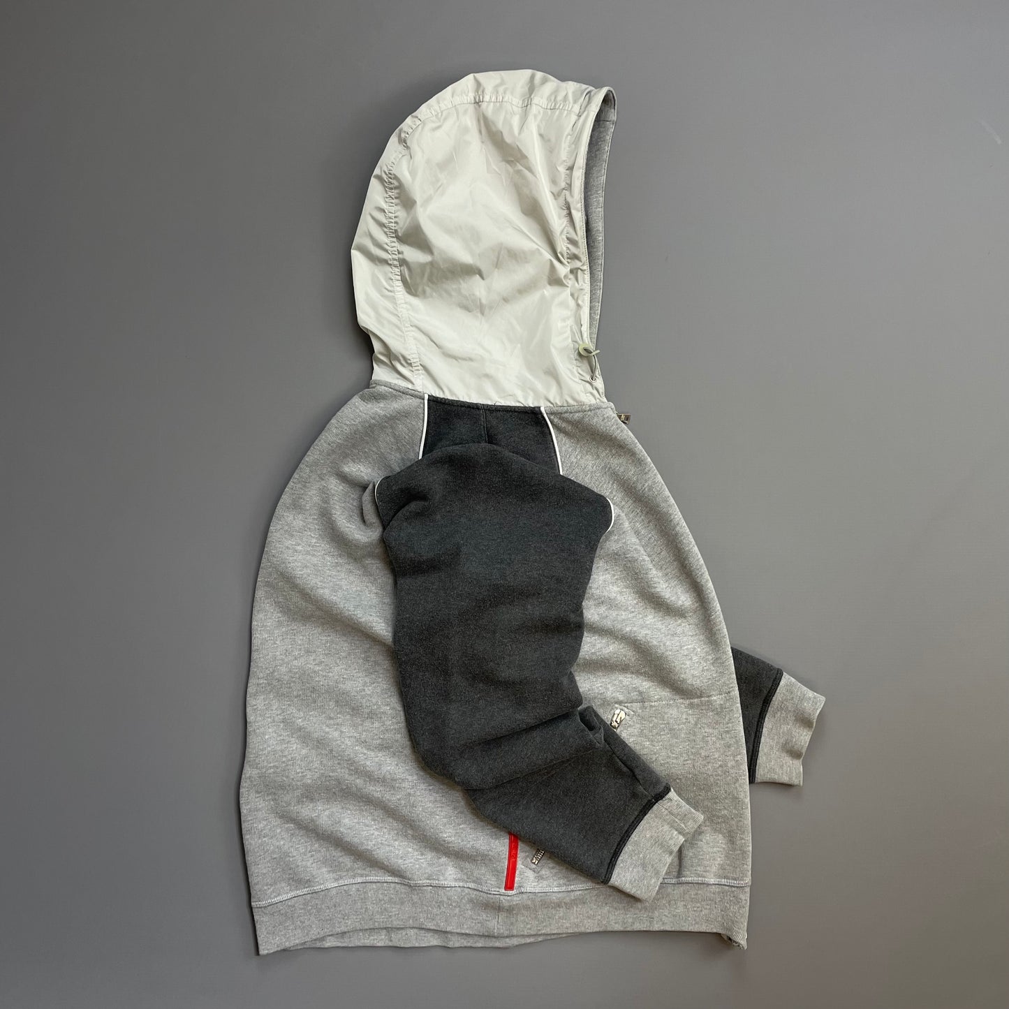 Prada Sport 00s Grey Panelled Nylon Hood Zip-Through Hoodie