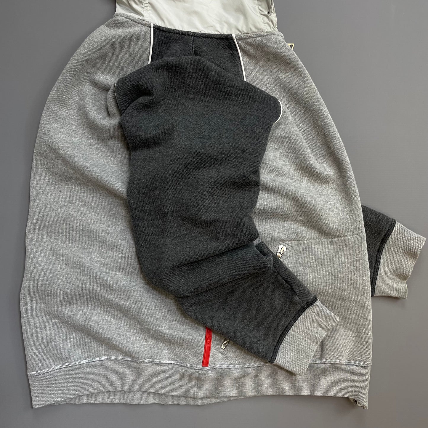 Prada Sport 00s Grey Panelled Nylon Hood Zip-Through Hoodie