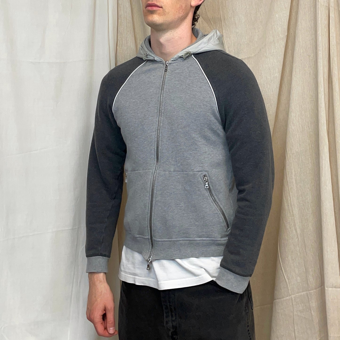 Prada Sport 00s Grey Panelled Nylon Hood Zip-Through Hoodie