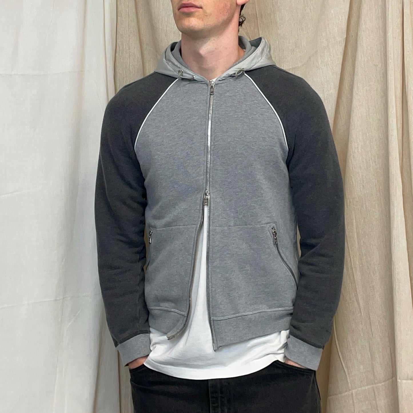 Prada Sport 00s Grey Panelled Nylon Hood Zip-Through Hoodie