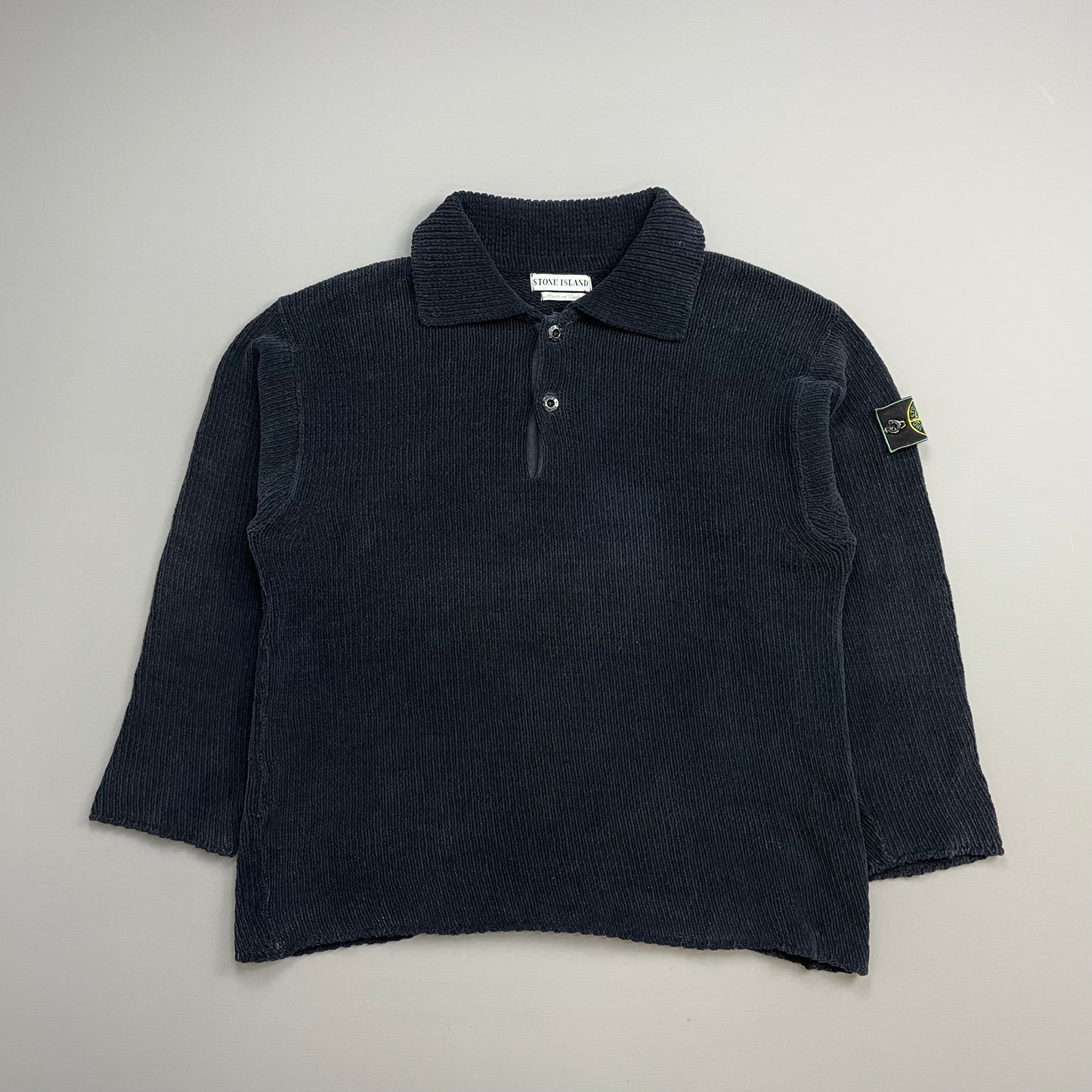 Stone Island Navy SS95 Chenille Knit Green Edge Badge Button Collar Jumper