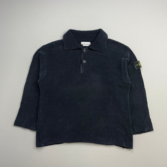 Stone Island Navy SS95 Chenille Knit Green Edge Badge Button Collar Jumper