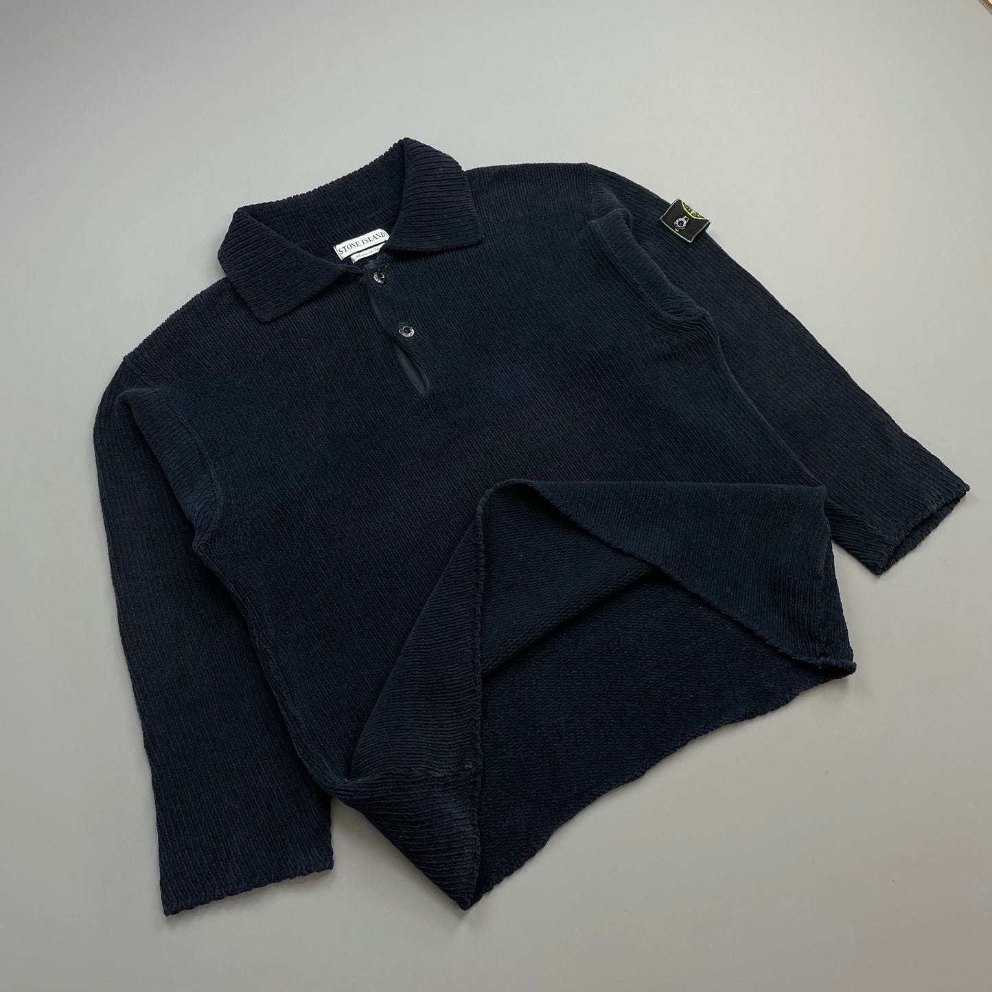 Stone Island Navy SS95 Chenille Knit Green Edge Badge Button Collar Jumper