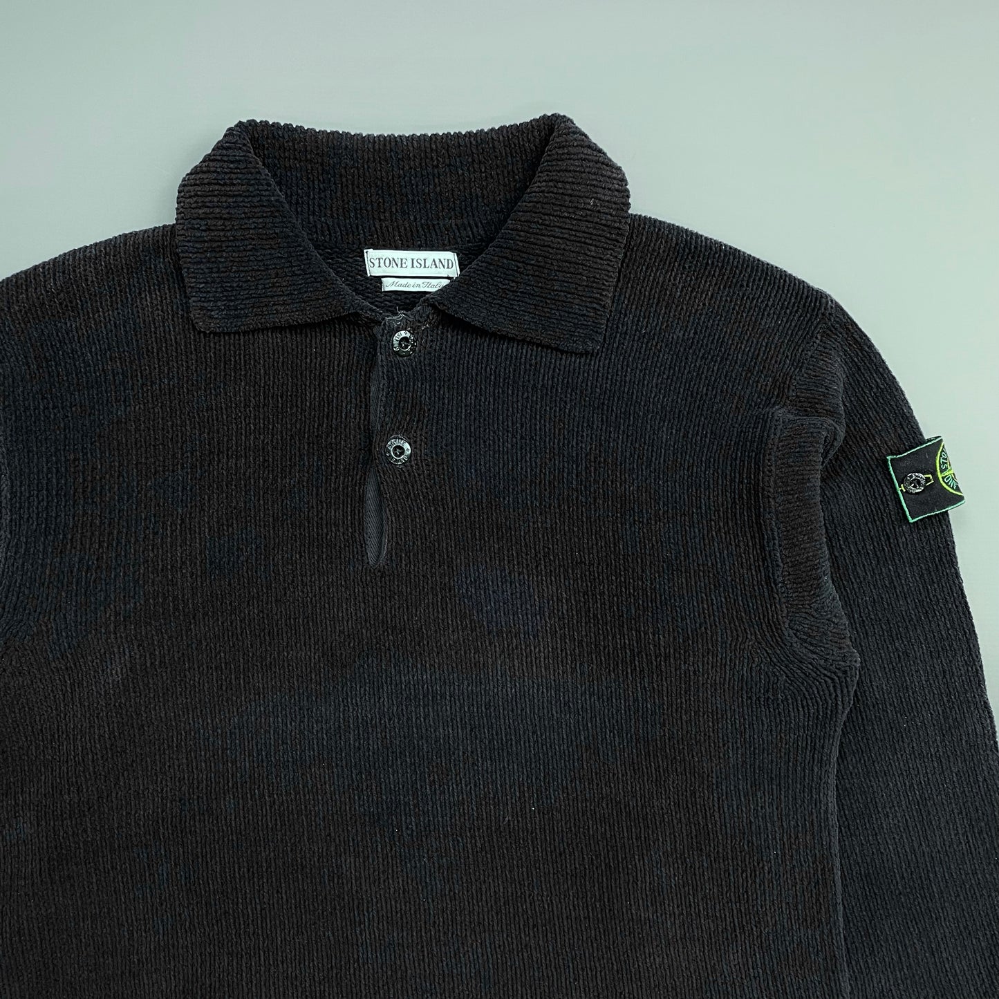 Stone Island Navy SS95 Chenille Knit Green Edge Badge Button Collar Jumper