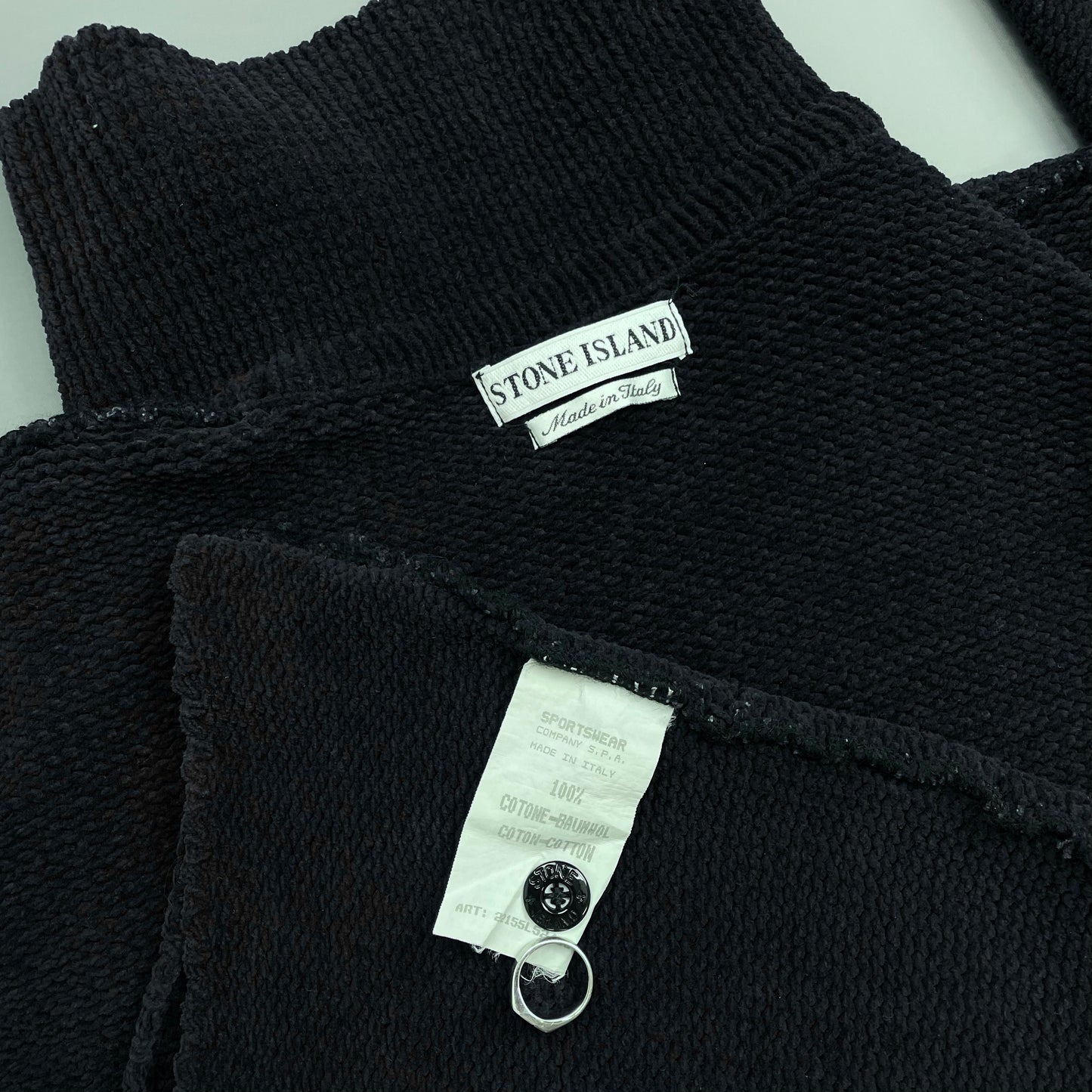 Stone Island Navy SS95 Chenille Knit Green Edge Badge Button Collar Jumper