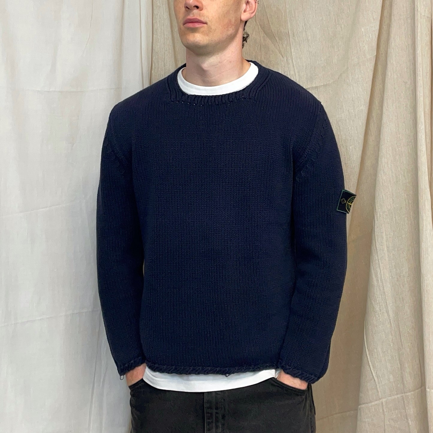 Stone Island Navy SS98 Midweight Knit Green Edge Badge Crewneck Jumper