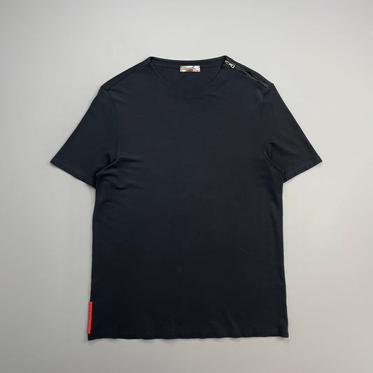 Prada Sport Navy 00s Canvas Textured Zip-Shoulder T-Shirt