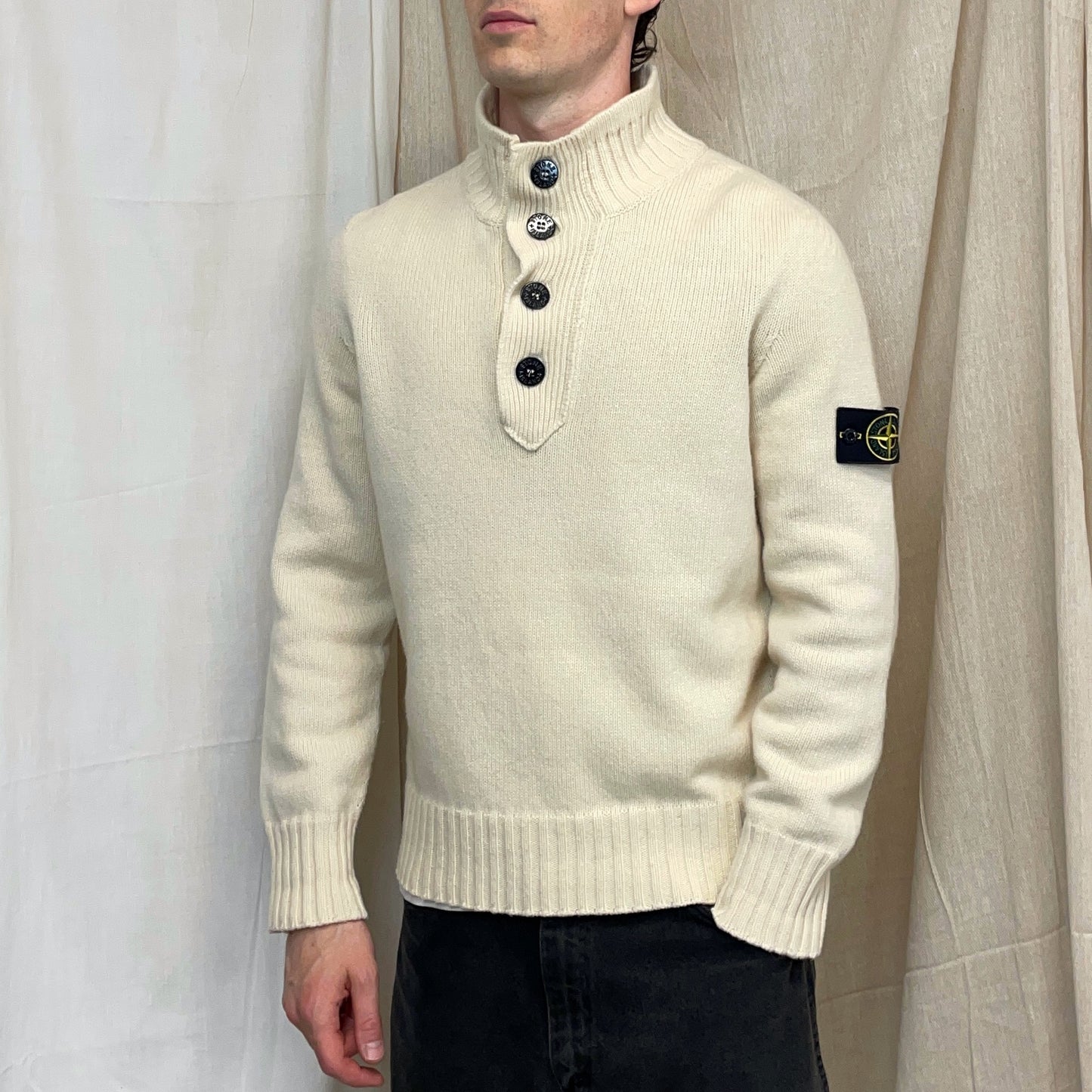 Stone Island Cream AW08 Button Collar Wool Knit Jumper