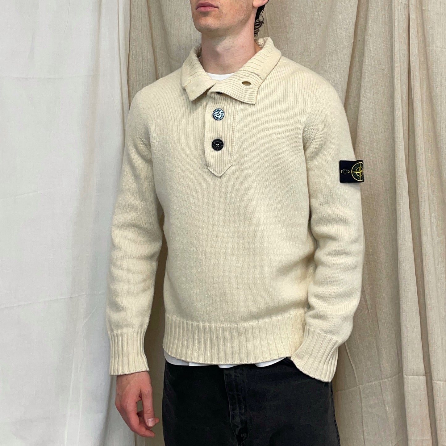 Stone Island Cream AW08 Button Collar Wool Knit Jumper