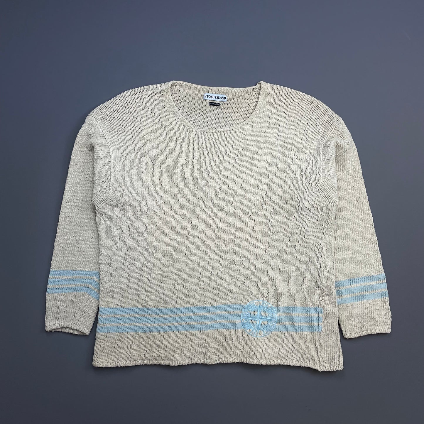Stone Island Cream & Blue SS97 Emblem Detailed Chenille Knit Jumper