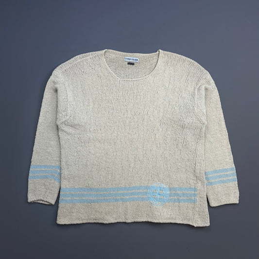 Stone Island Cream & Blue SS97 Emblem Detailed Chenille Knit Jumper