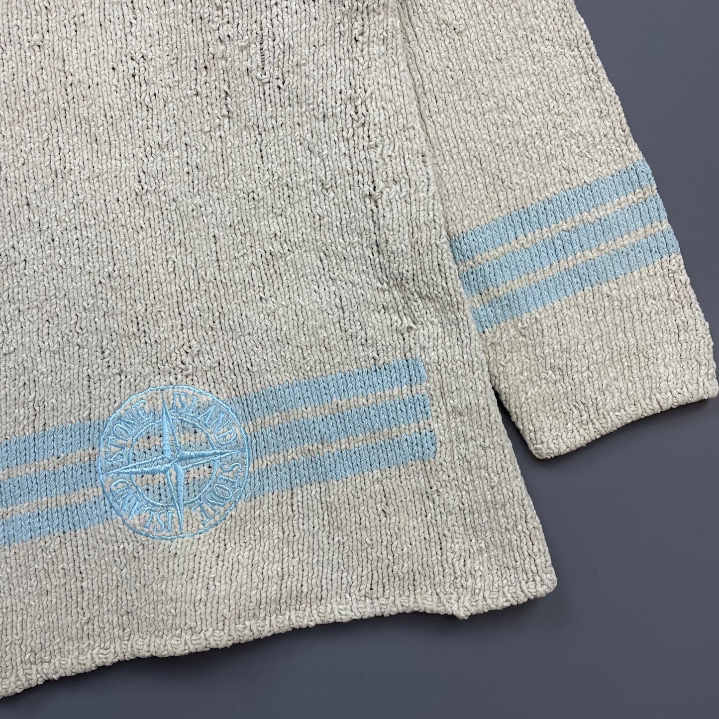 Stone Island Cream & Blue SS97 Emblem Detailed Chenille Knit Jumper