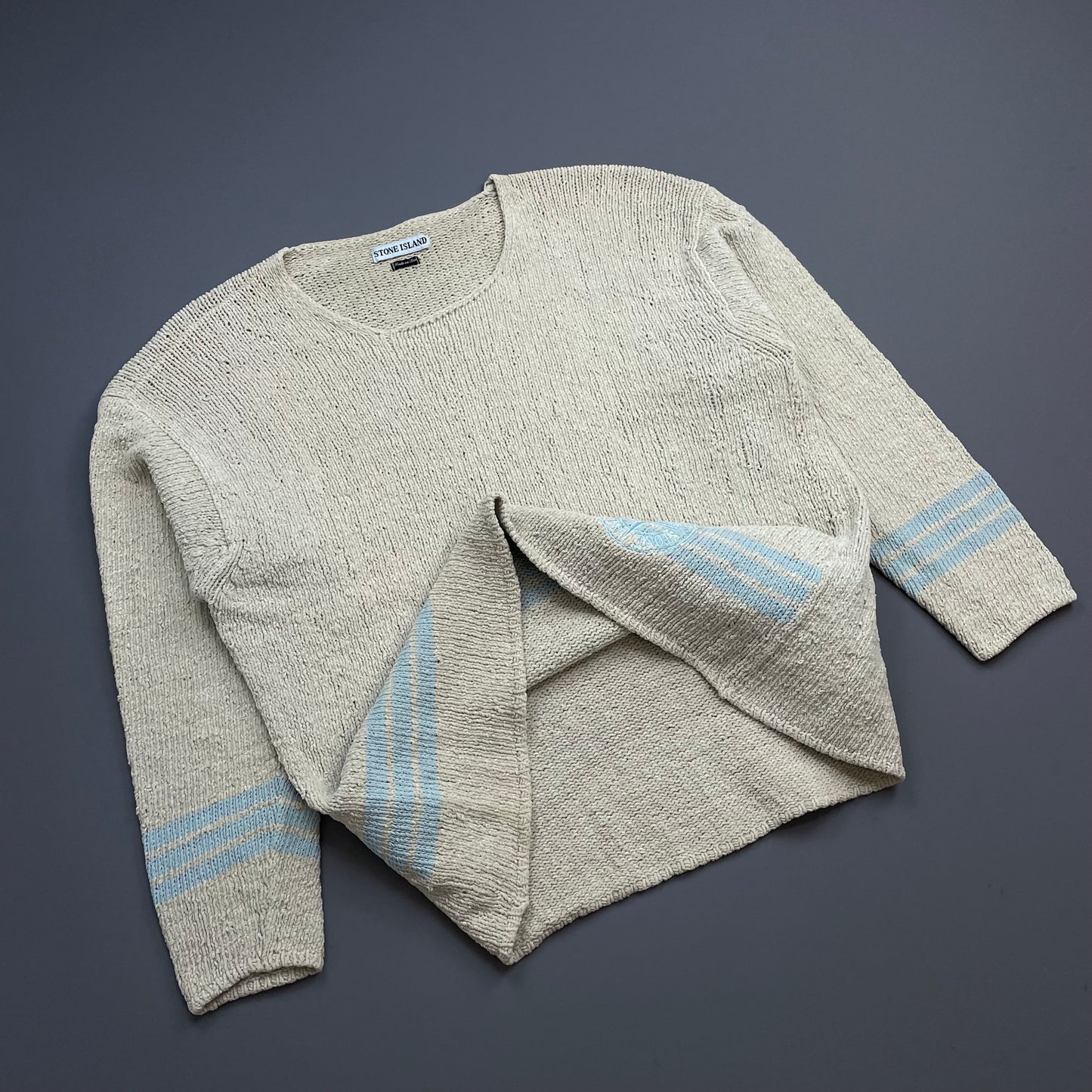 Stone Island Cream & Blue SS97 Emblem Detailed Chenille Knit Jumper