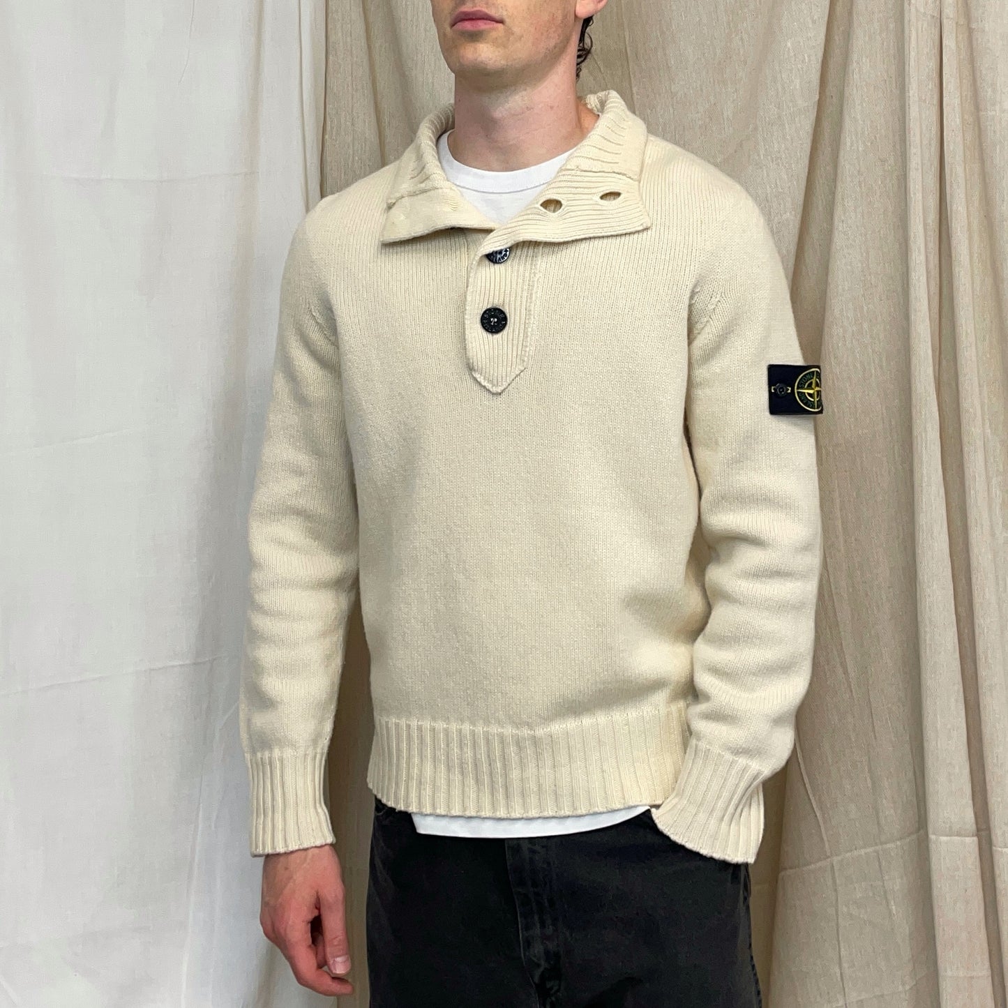 Stone Island Cream AW08 Button Collar Wool Knit Jumper