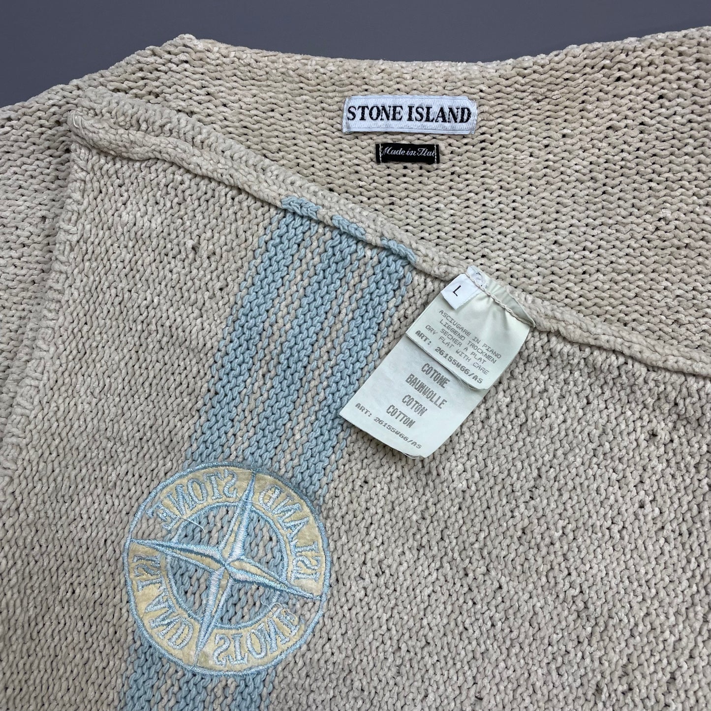 Stone Island Cream & Blue SS97 Emblem Detailed Chenille Knit Jumper