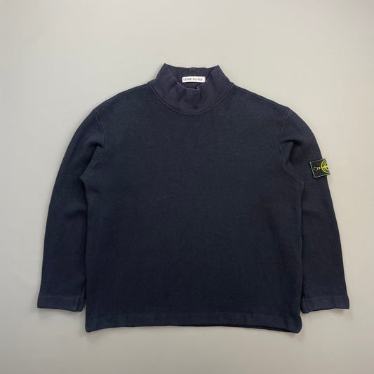 Stone Island Navy AW99 Wool Blend Fine-Rib Mockneck Green Edge Badge Jumper