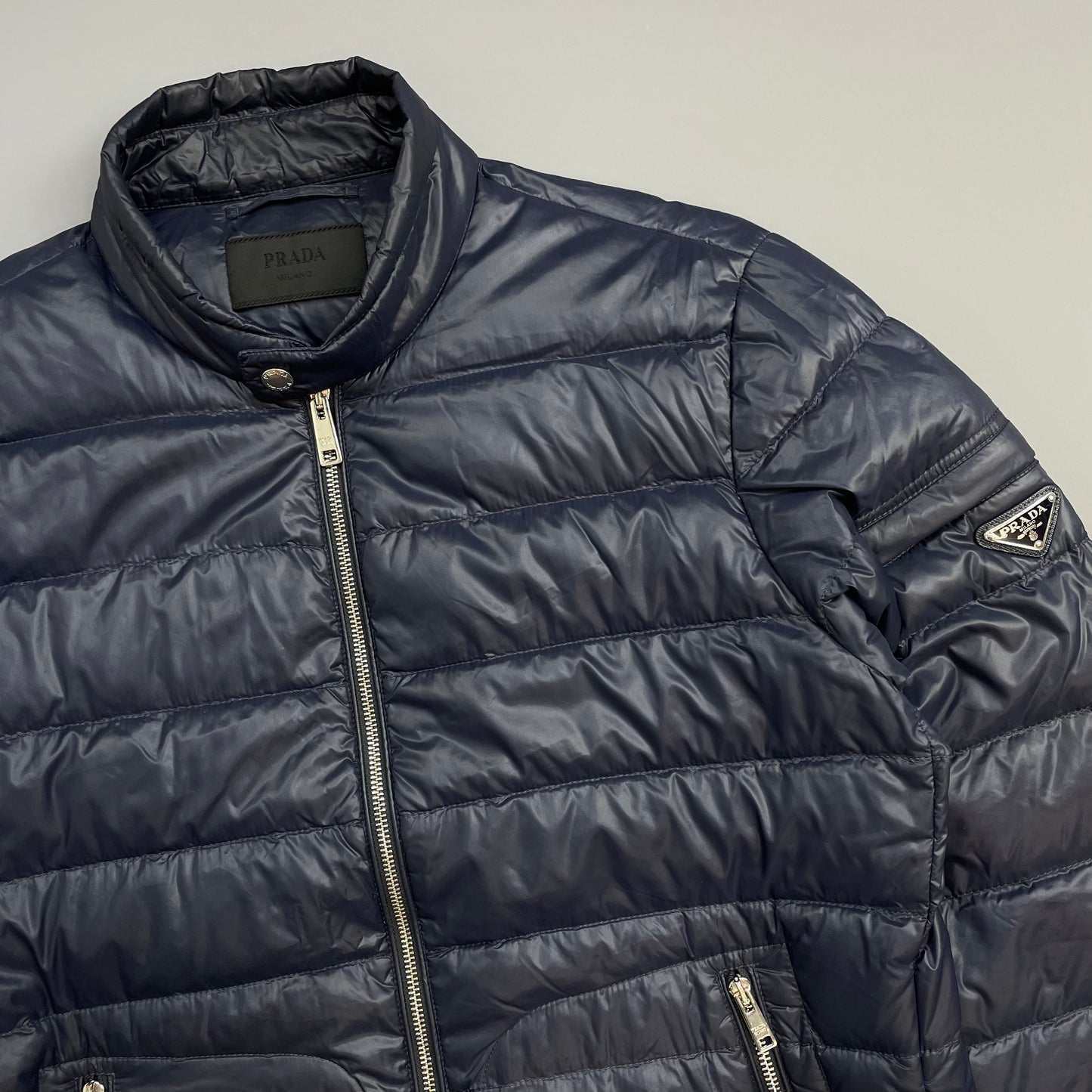 Prada Mainline Dark Blue 2018 Plaque Lightweight Biker Puffer Jacket