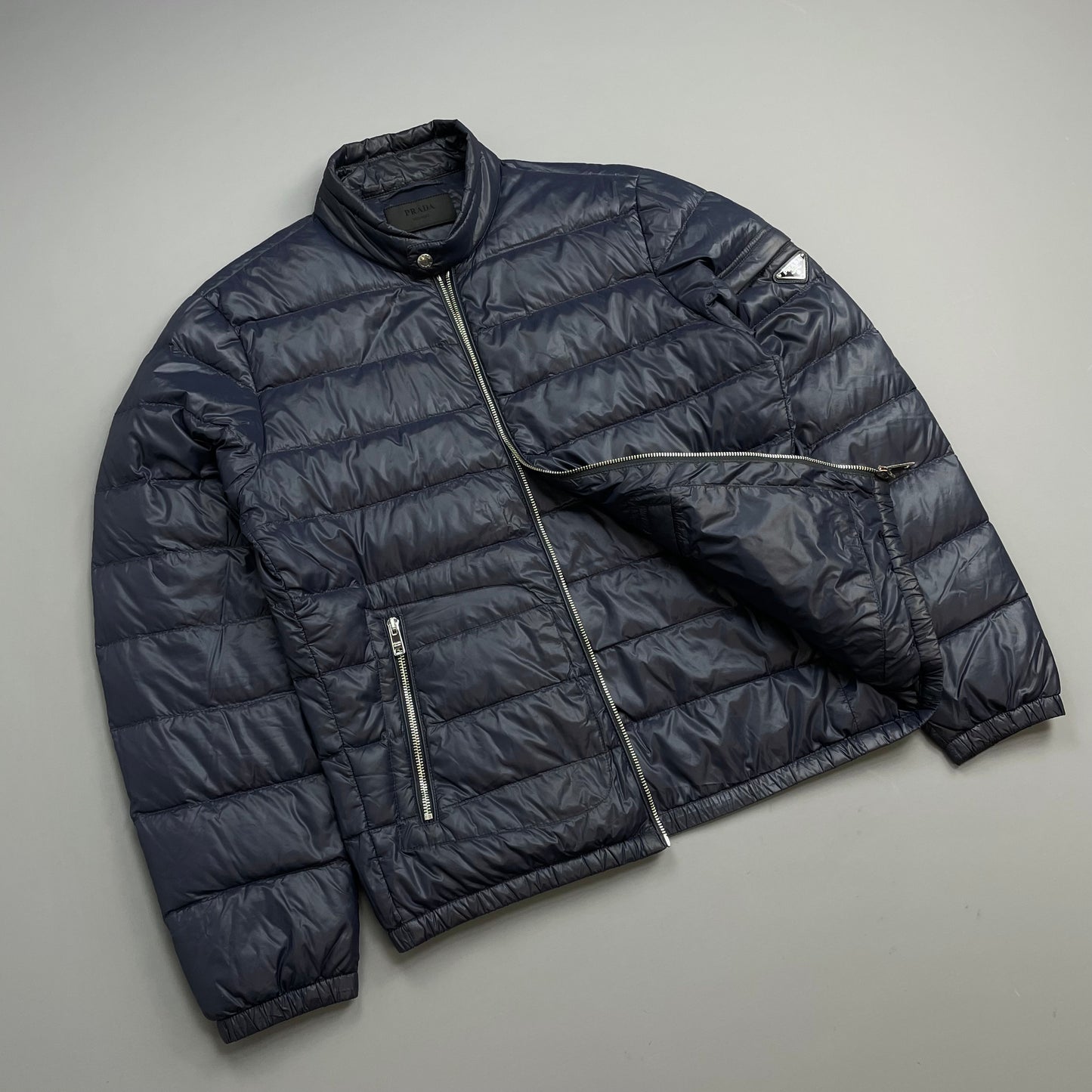 Prada Mainline Dark Blue 2018 Plaque Lightweight Biker Puffer Jacket