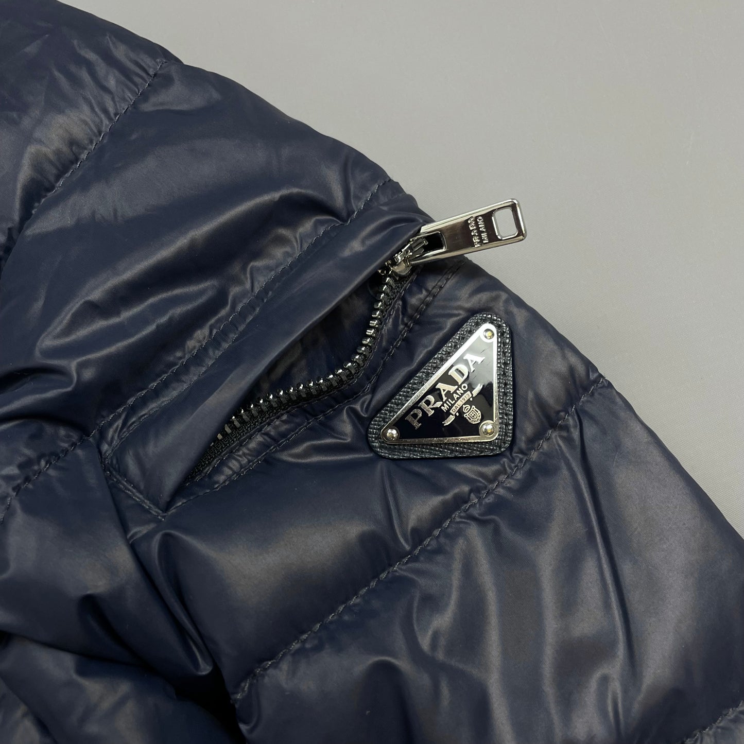 Prada Mainline Dark Blue 2018 Plaque Lightweight Biker Puffer Jacket