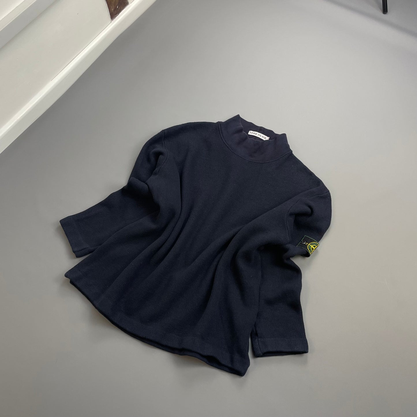 Stone Island Navy AW99 Wool Blend Fine-Rib Mockneck Green Edge Badge Jumper