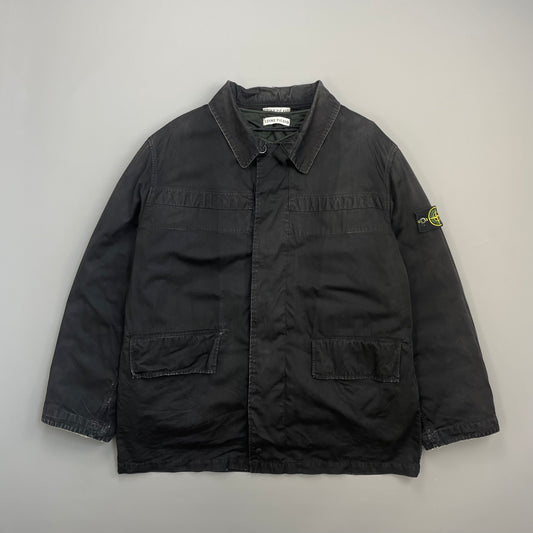 Stone Island Black AW99 Raso Gommato Dual-Layer Dutch Rope Nylon Padded Liner Overcoat