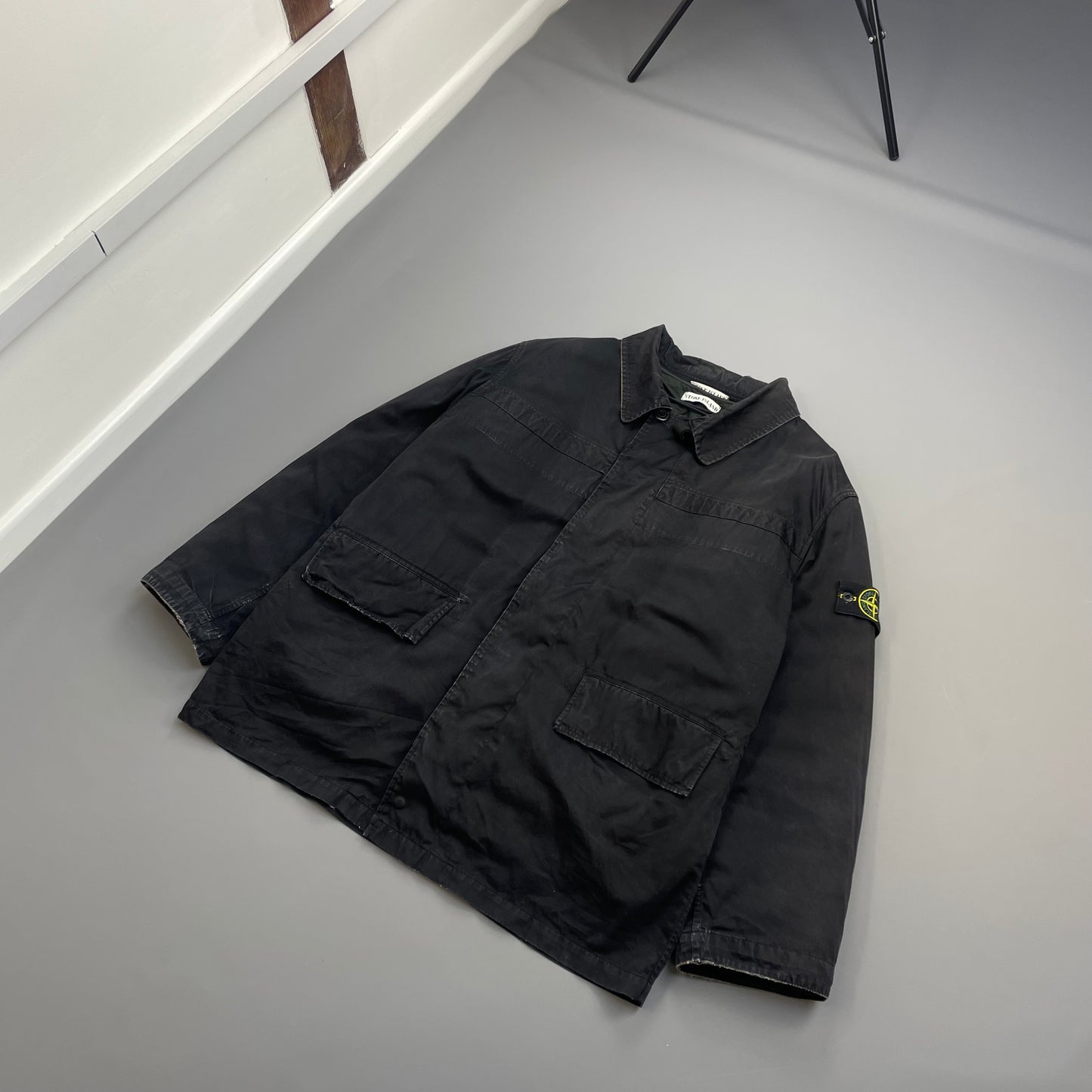 Stone Island Black AW99 Raso Gommato Dual-Layer Dutch Rope Nylon Padded Liner Overcoat