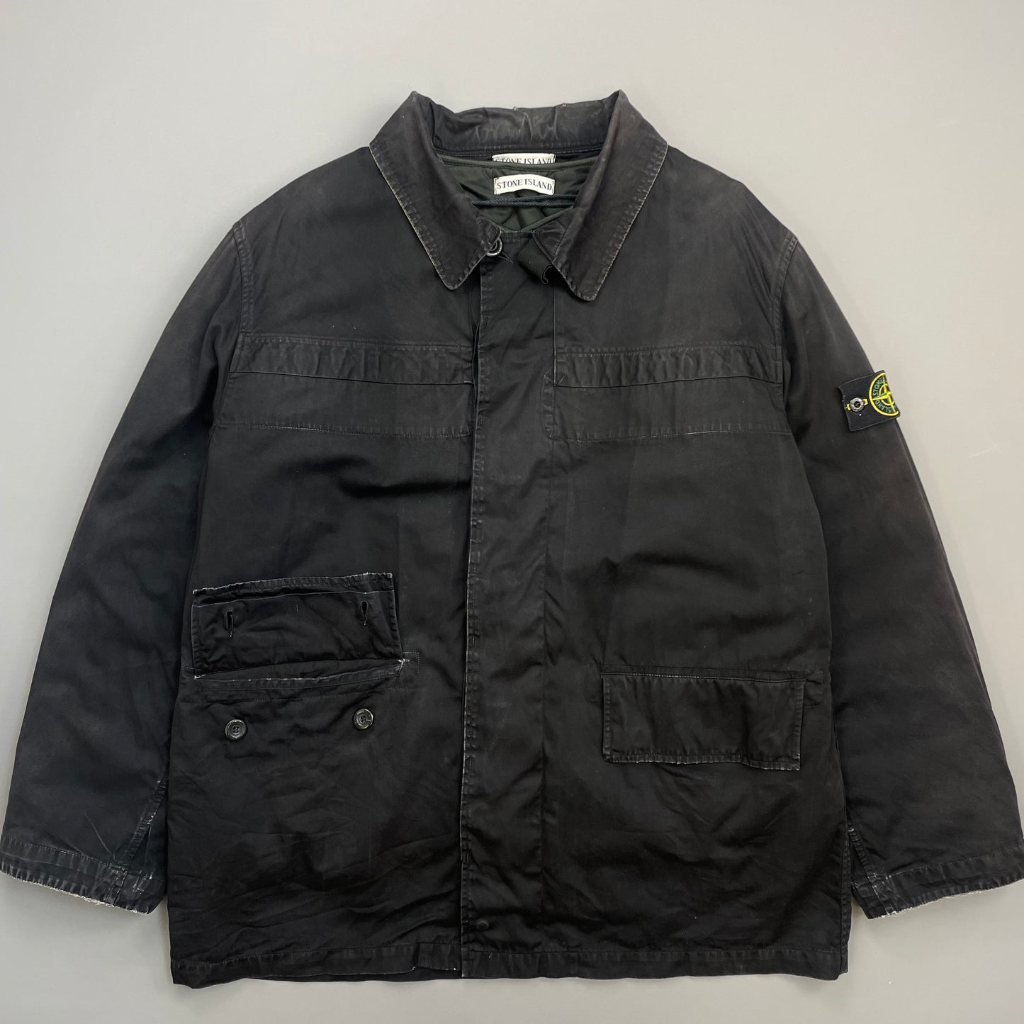 Stone Island Black AW99 Raso Gommato Dual-Layer Dutch Rope Nylon Padded Liner Overcoat