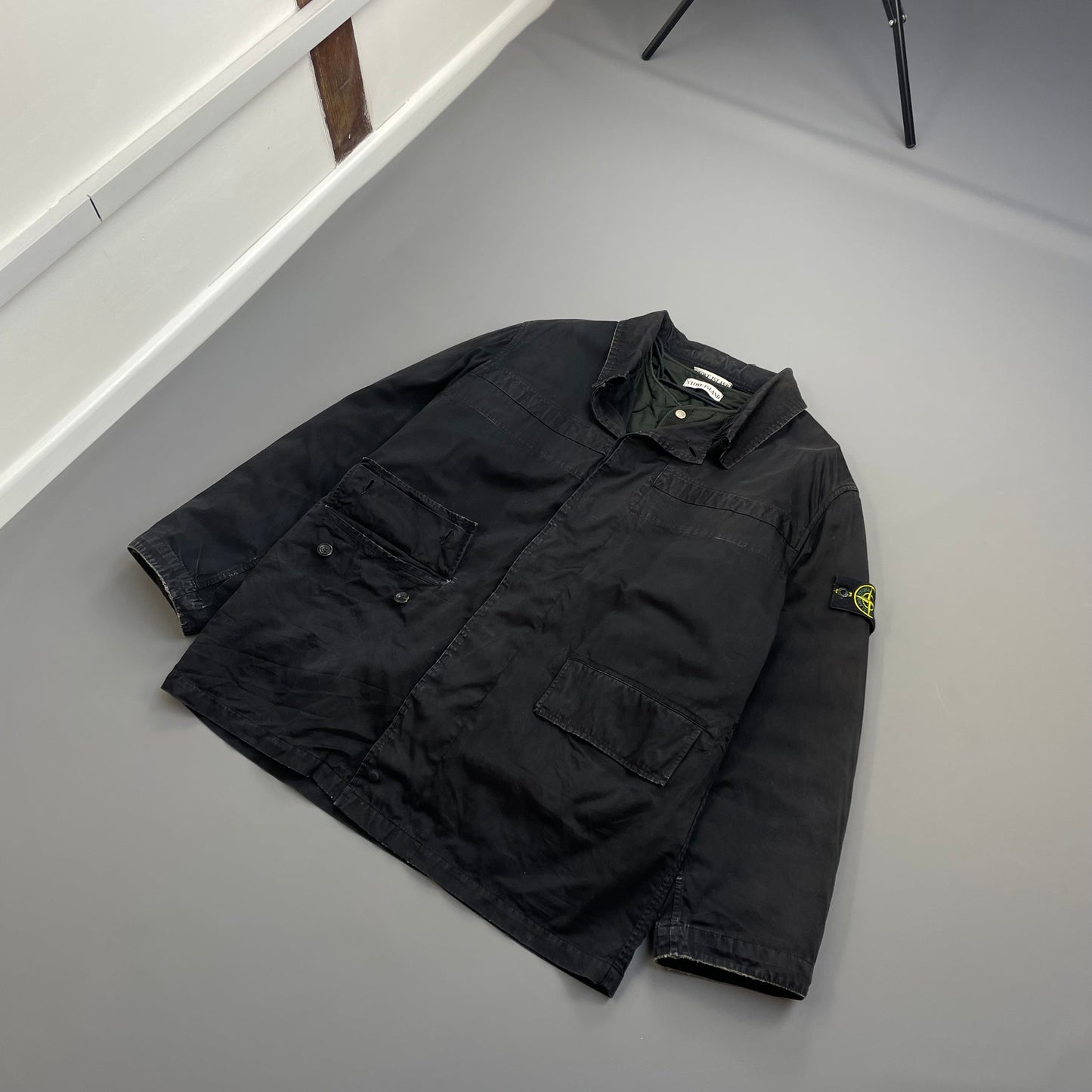 Stone Island Black AW99 Raso Gommato Dual-Layer Dutch Rope Nylon Padded Liner Overcoat
