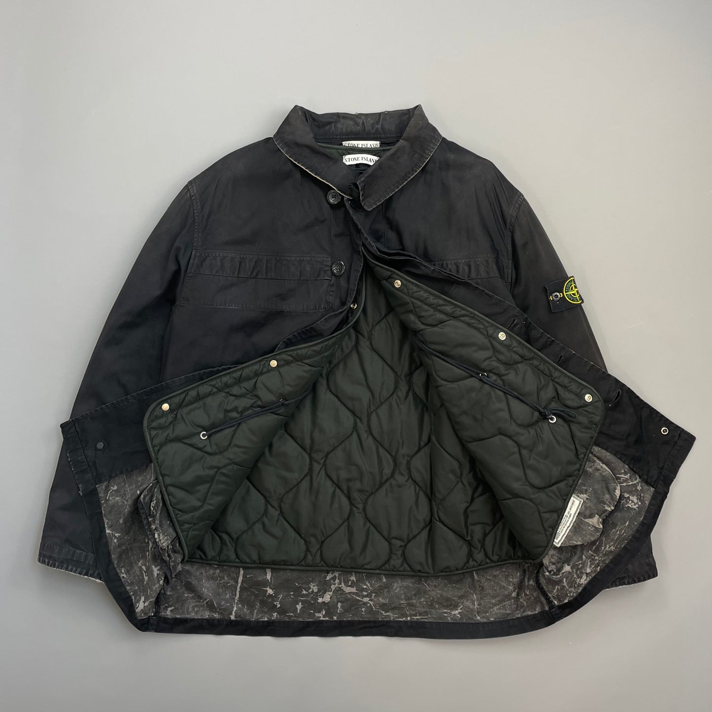 Stone Island Black AW99 Raso Gommato Dual-Layer Dutch Rope Nylon Padded Liner Overcoat