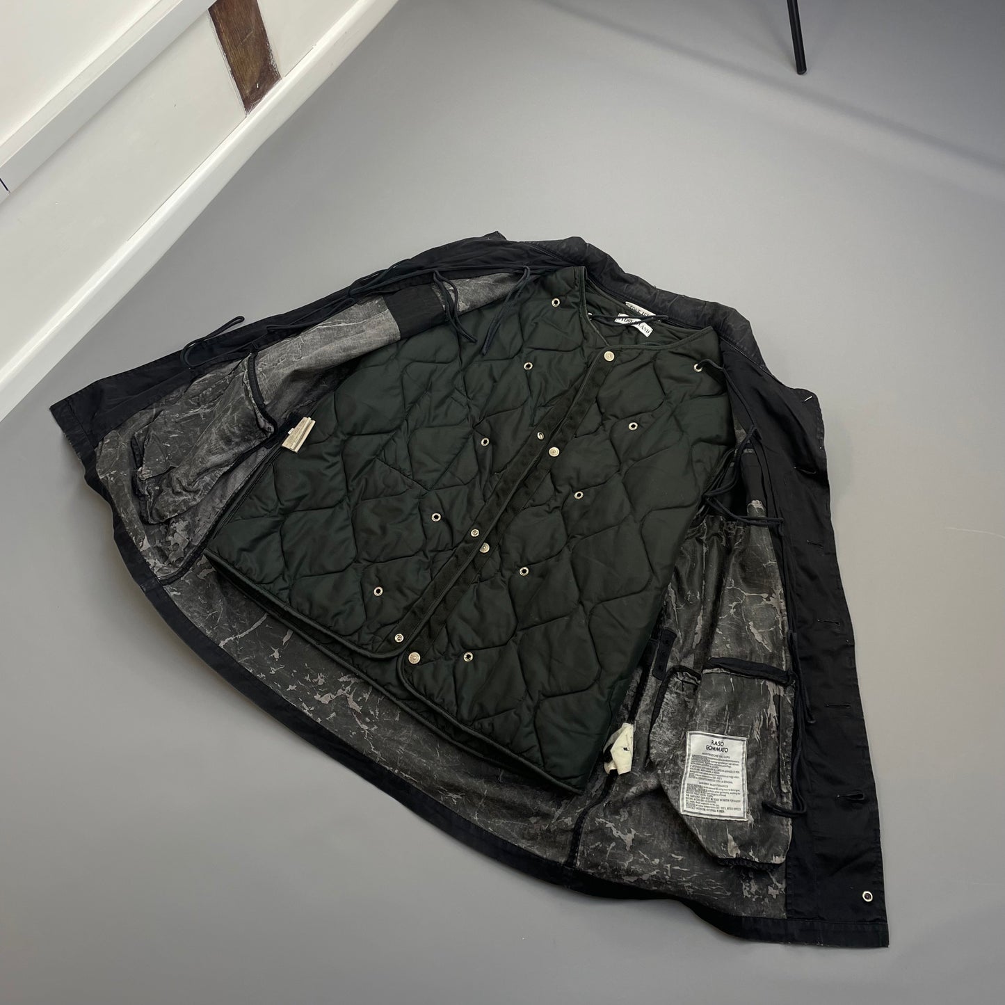 Stone Island Black AW99 Raso Gommato Dual-Layer Dutch Rope Nylon Padded Liner Overcoat