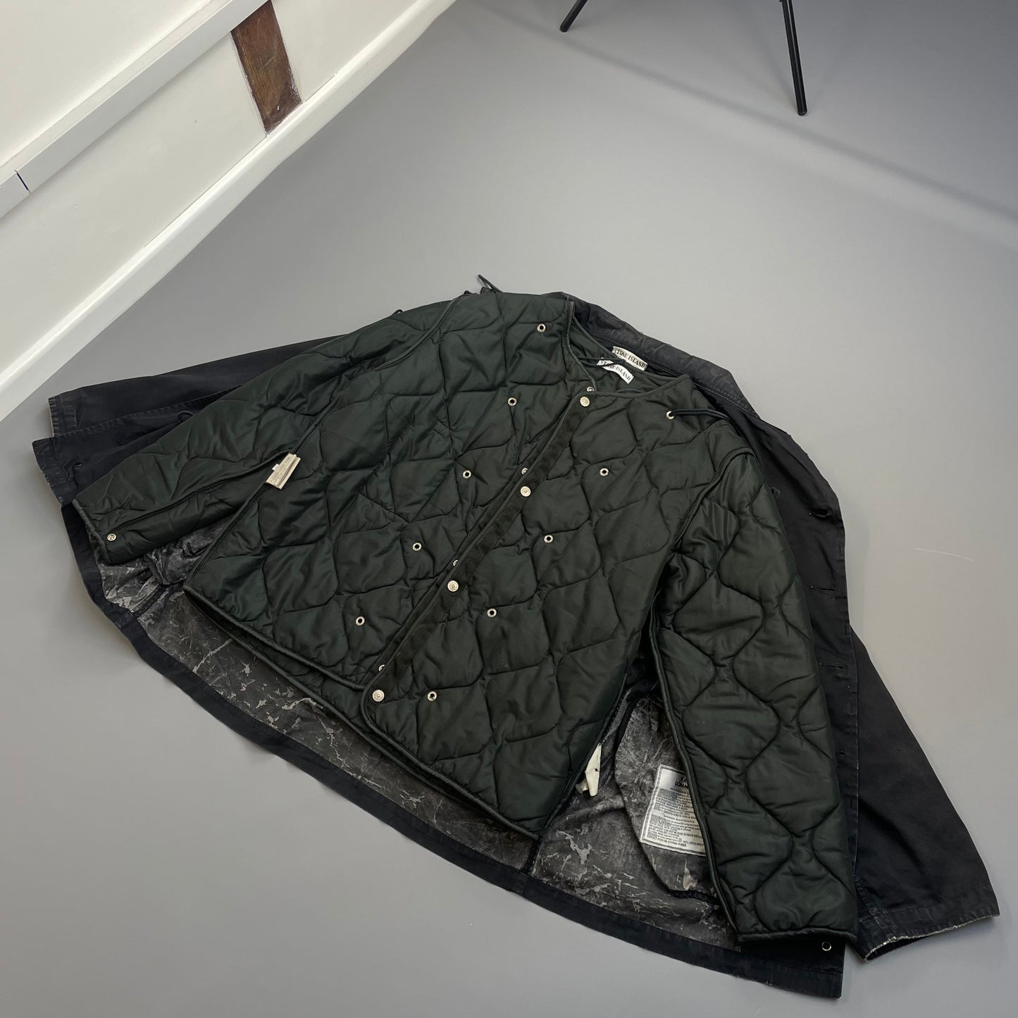Stone Island Black AW99 Raso Gommato Dual-Layer Dutch Rope Nylon Padded Liner Overcoat