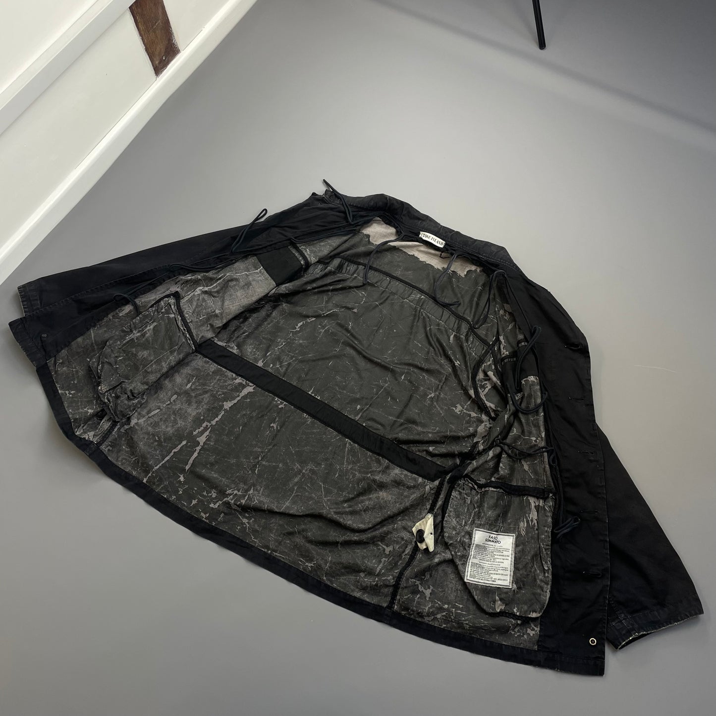 Stone Island Black AW99 Raso Gommato Dual-Layer Dutch Rope Nylon Padded Liner Overcoat