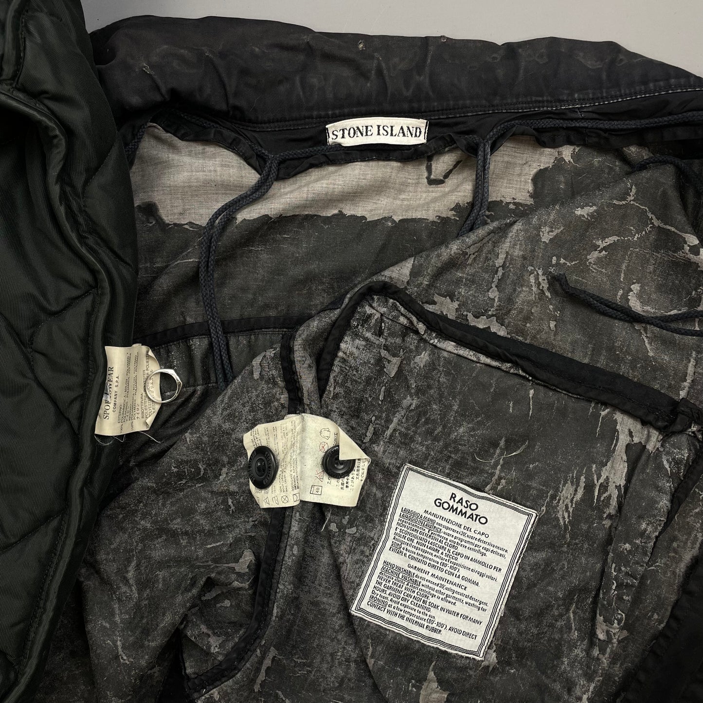 Stone Island Black AW99 Raso Gommato Dual-Layer Dutch Rope Nylon Padded Liner Overcoat