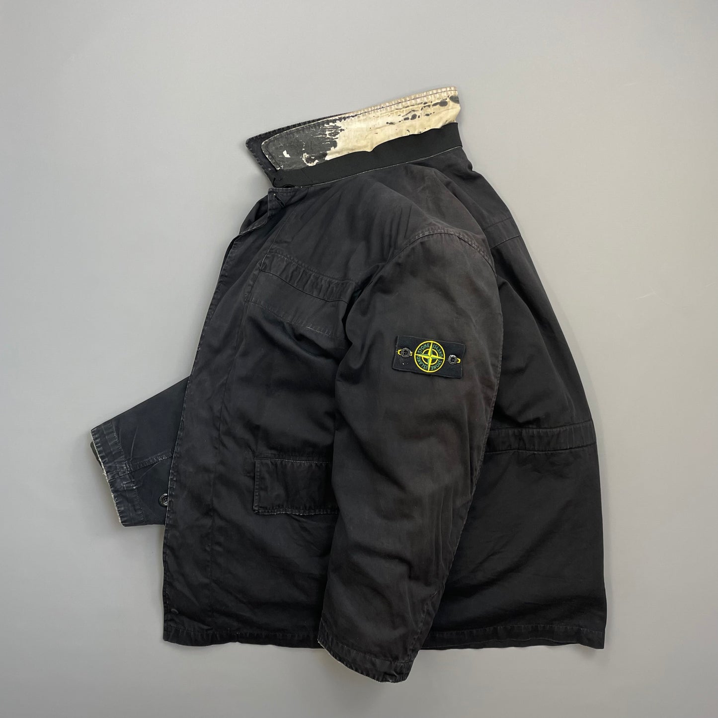 Stone Island Black AW99 Raso Gommato Dual-Layer Dutch Rope Nylon Padded Liner Overcoat