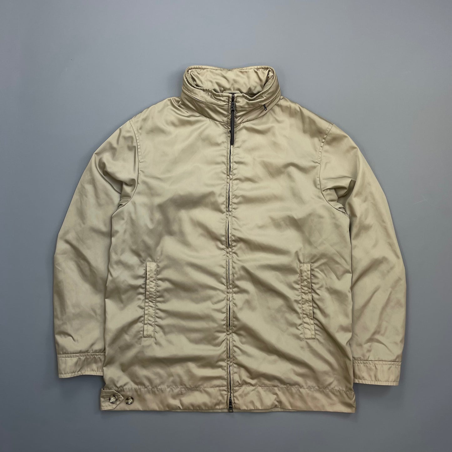 Prada Milano Beige Longline Concealed Hood Windbreaker Jacket