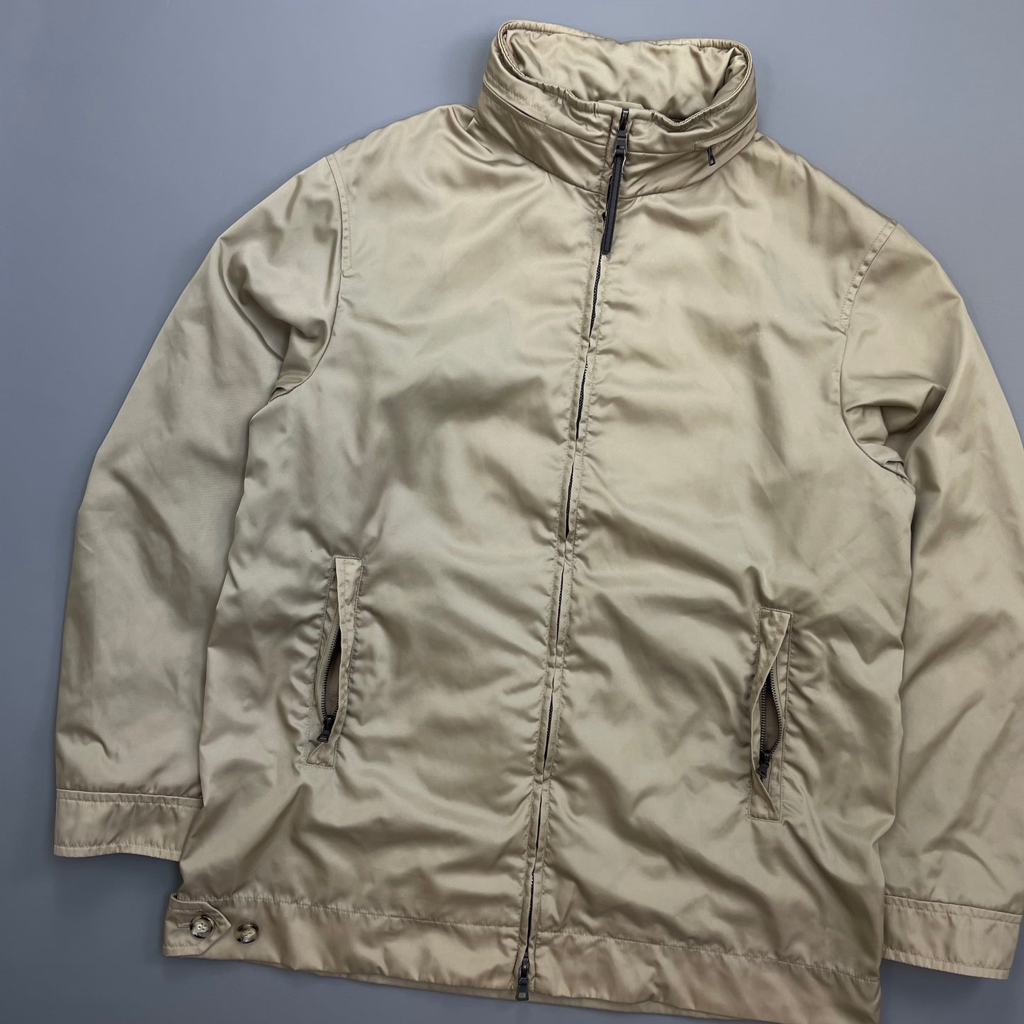 Prada Milano Beige Longline Concealed Hood Windbreaker Jacket