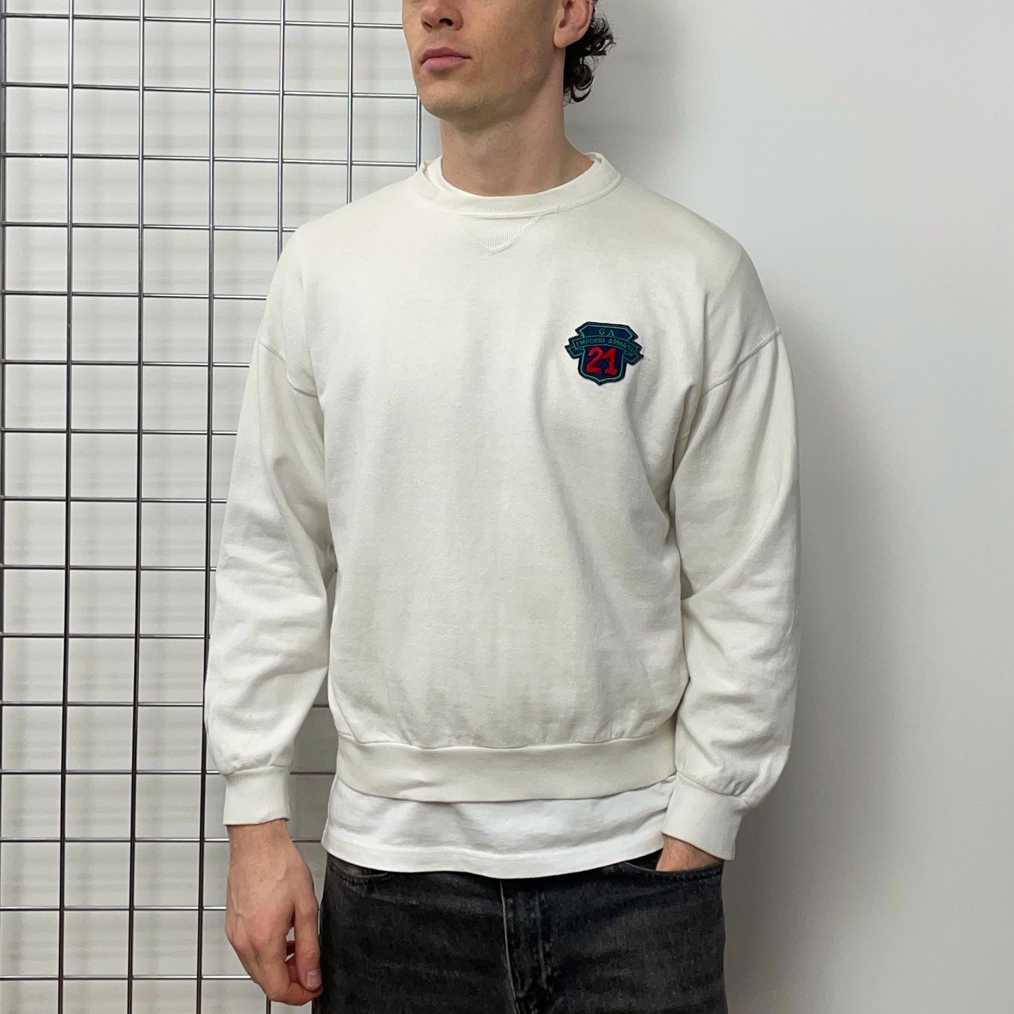 Emporio Armani Cream White 80s Crest Patch Crewneck Jumper