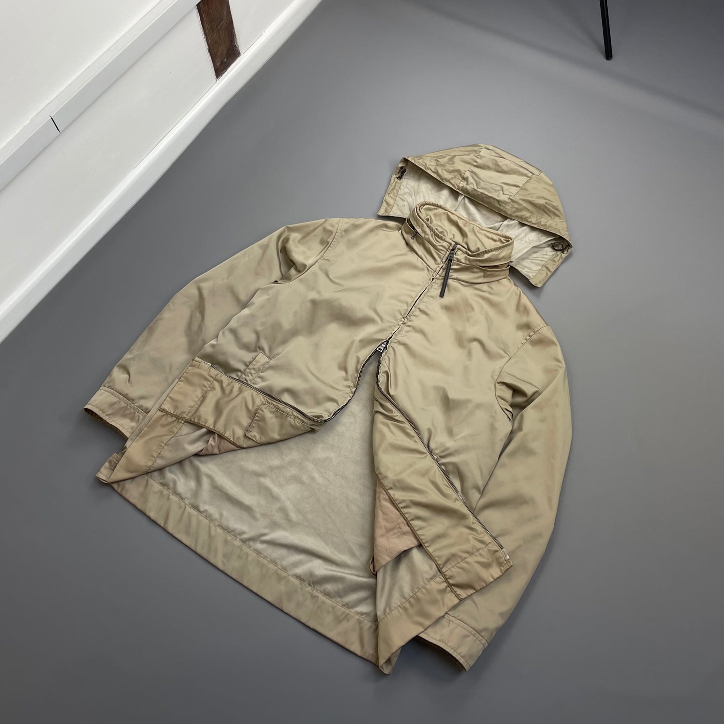 Prada Milano Beige Longline Concealed Hood Windbreaker Jacket