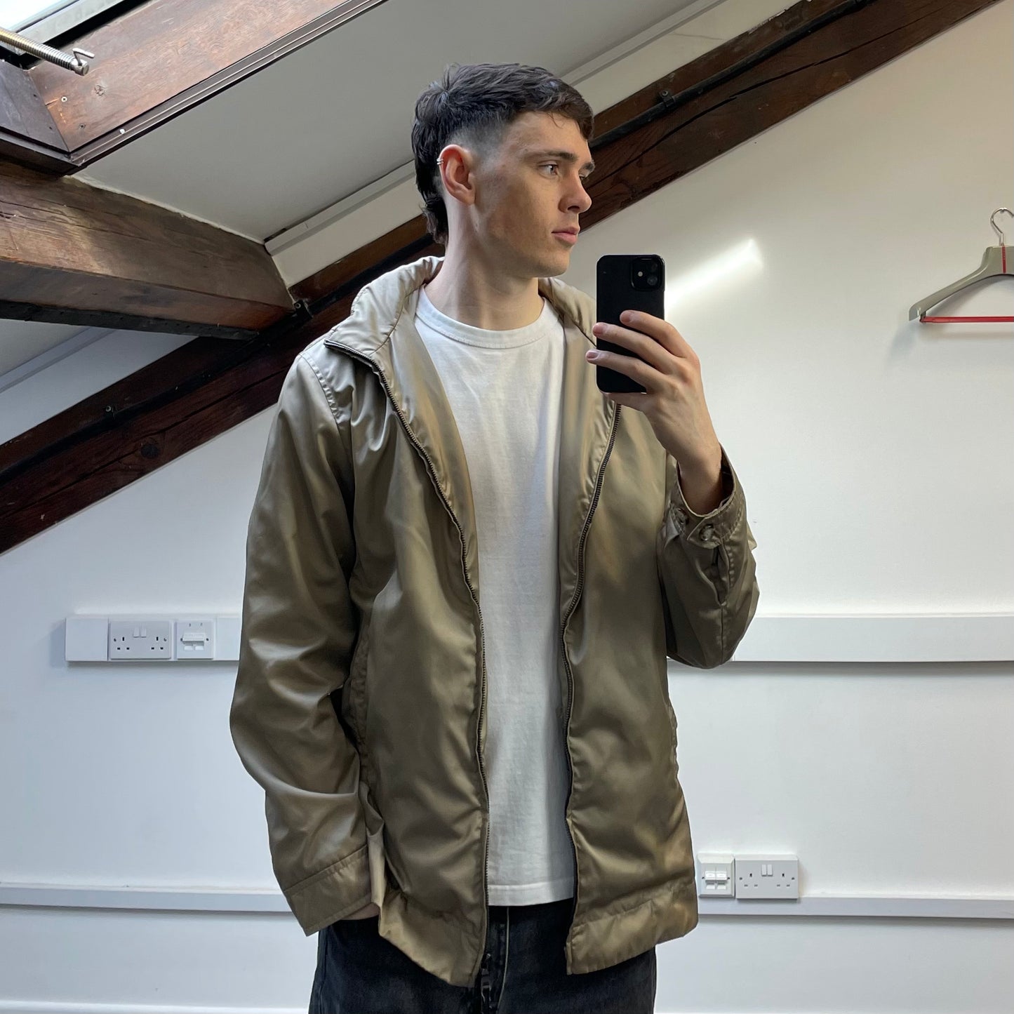 Prada Milano Beige Longline Concealed Hood Windbreaker Jacket