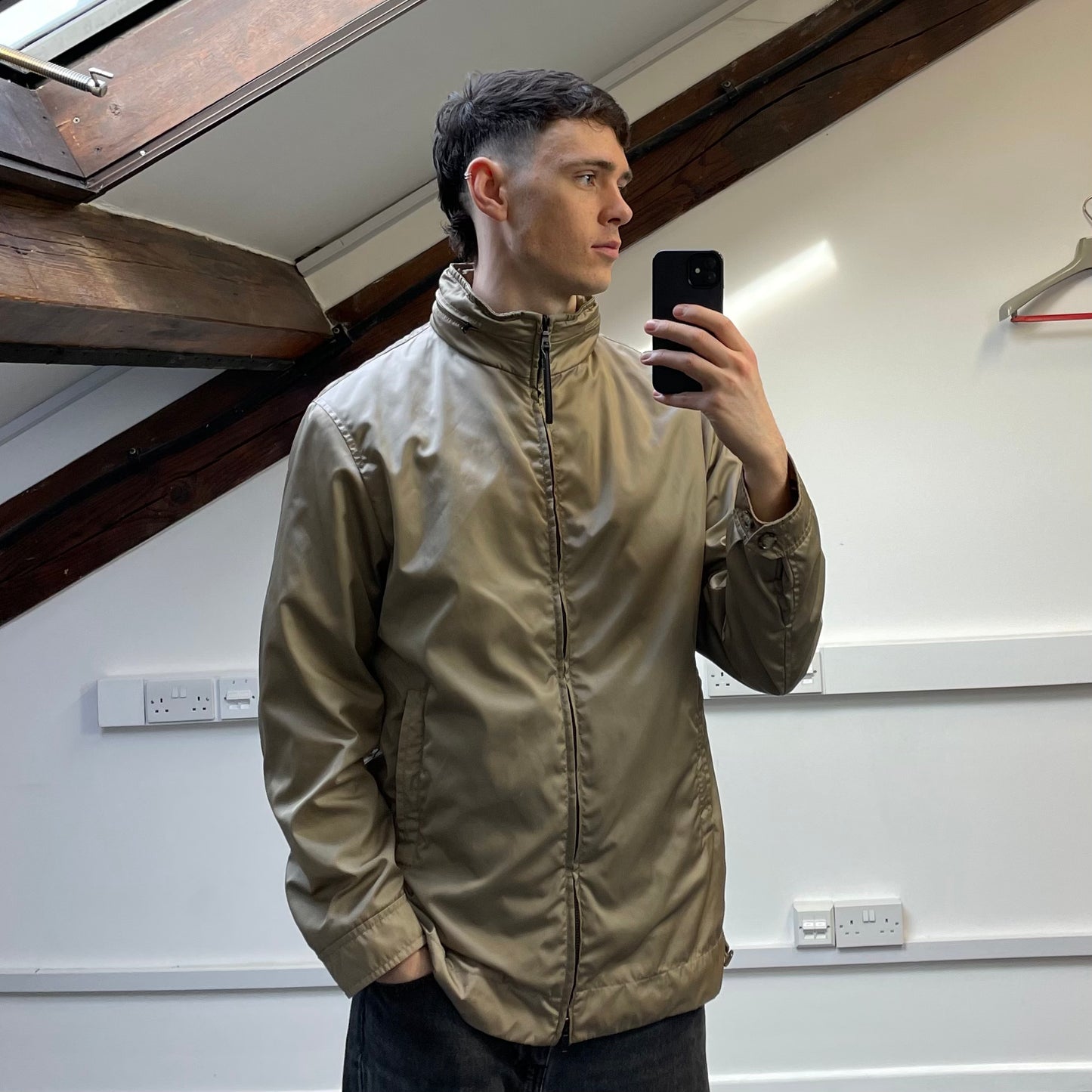Prada Milano Beige Longline Concealed Hood Windbreaker Jacket