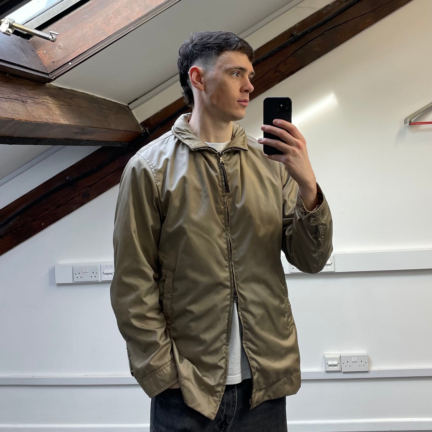 Prada Milano Beige Longline Concealed Hood Windbreaker Jacket