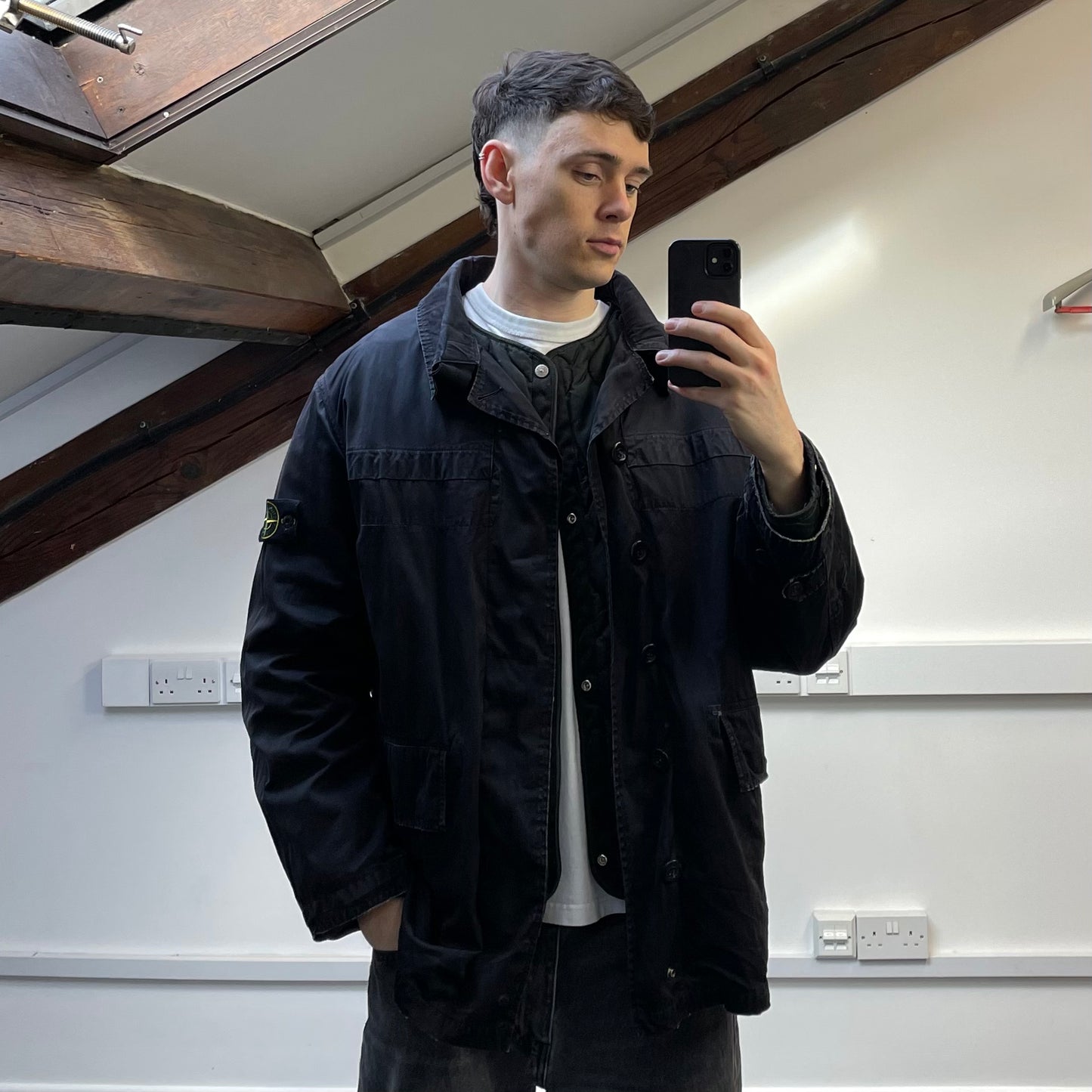 Stone Island Black AW99 Raso Gommato Dual-Layer Dutch Rope Nylon Padded Liner Overcoat