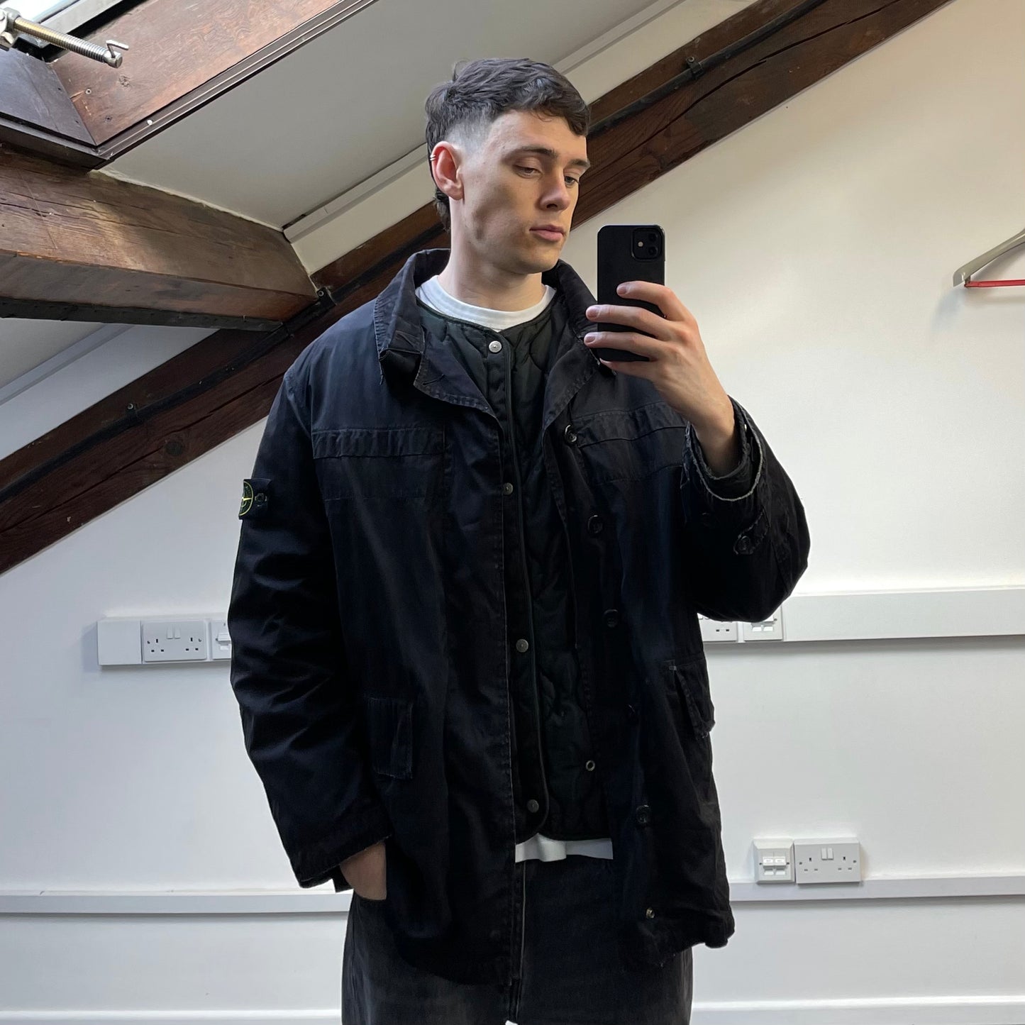 Stone Island Black AW99 Raso Gommato Dual-Layer Dutch Rope Nylon Padded Liner Overcoat