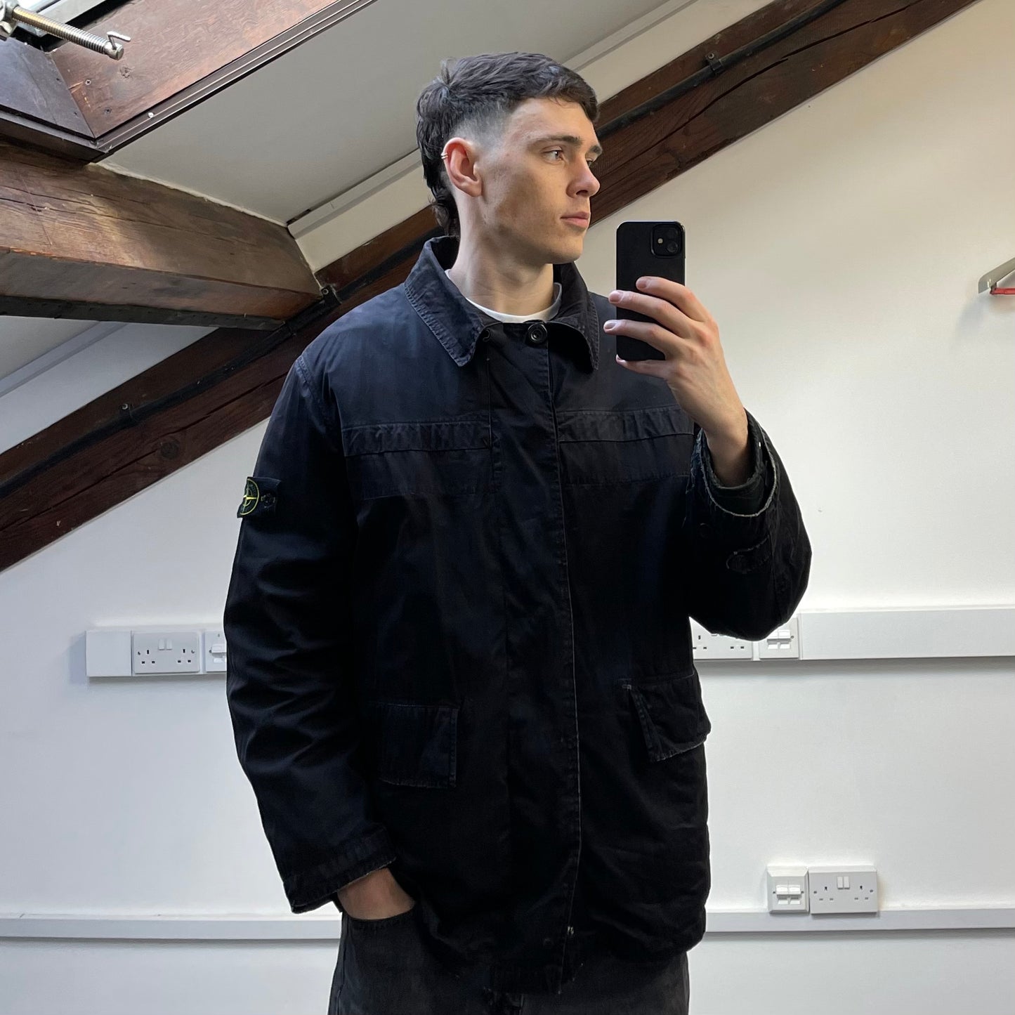 Stone Island Black AW99 Raso Gommato Dual-Layer Dutch Rope Nylon Padded Liner Overcoat